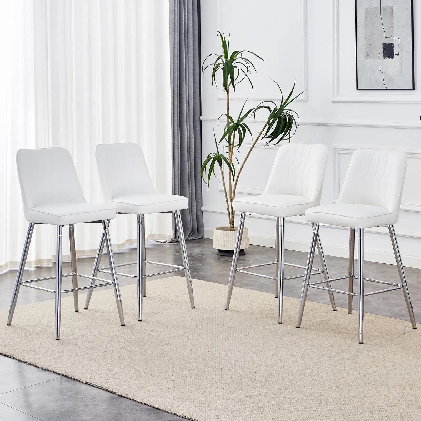 Modern White PU Bar Stool - Silver Metal Legs with Cross Reinforcement, White, Silver…