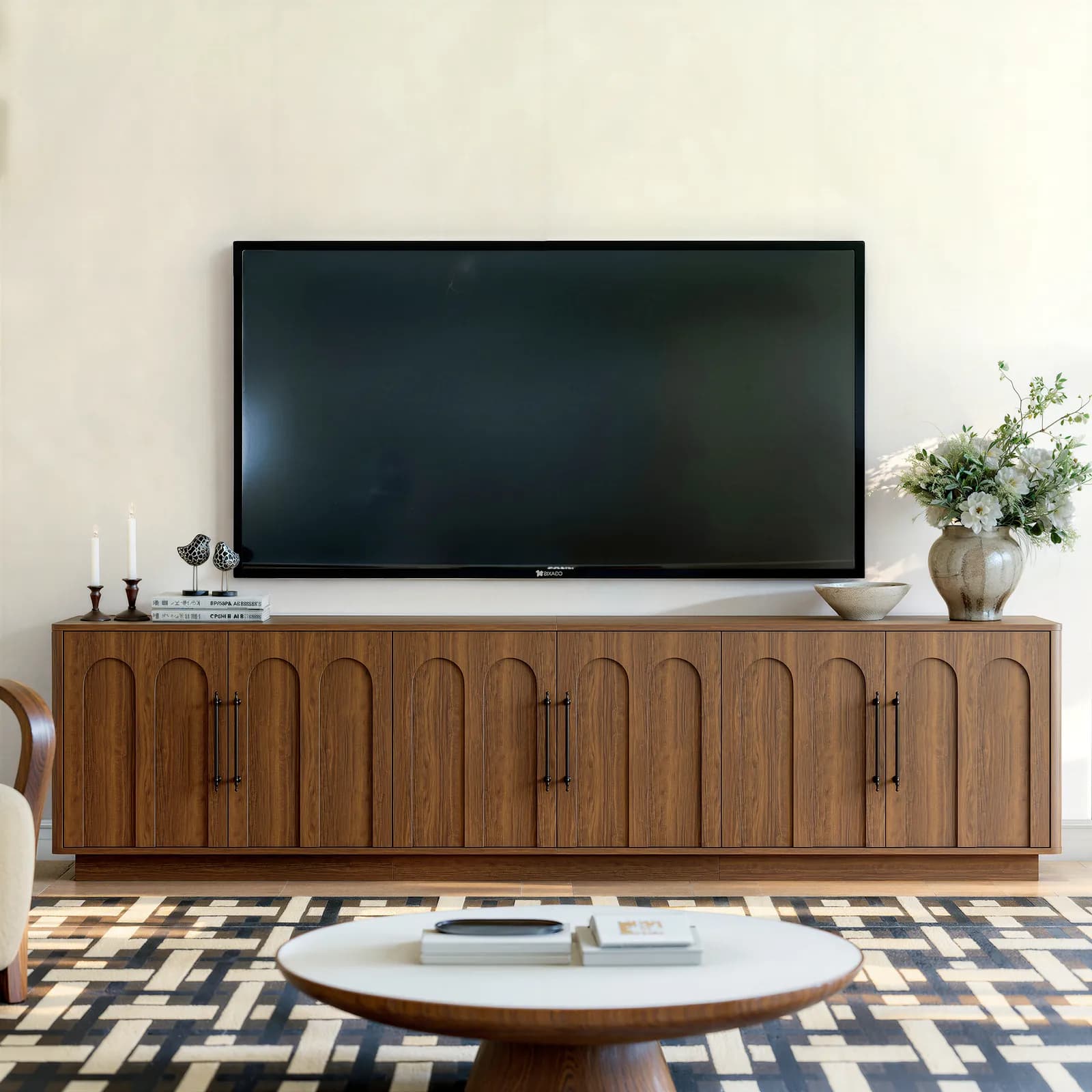 94, 5" Extra Long TV Stand for Large TVs, 6-Door Media Console with Storage, Walnut…