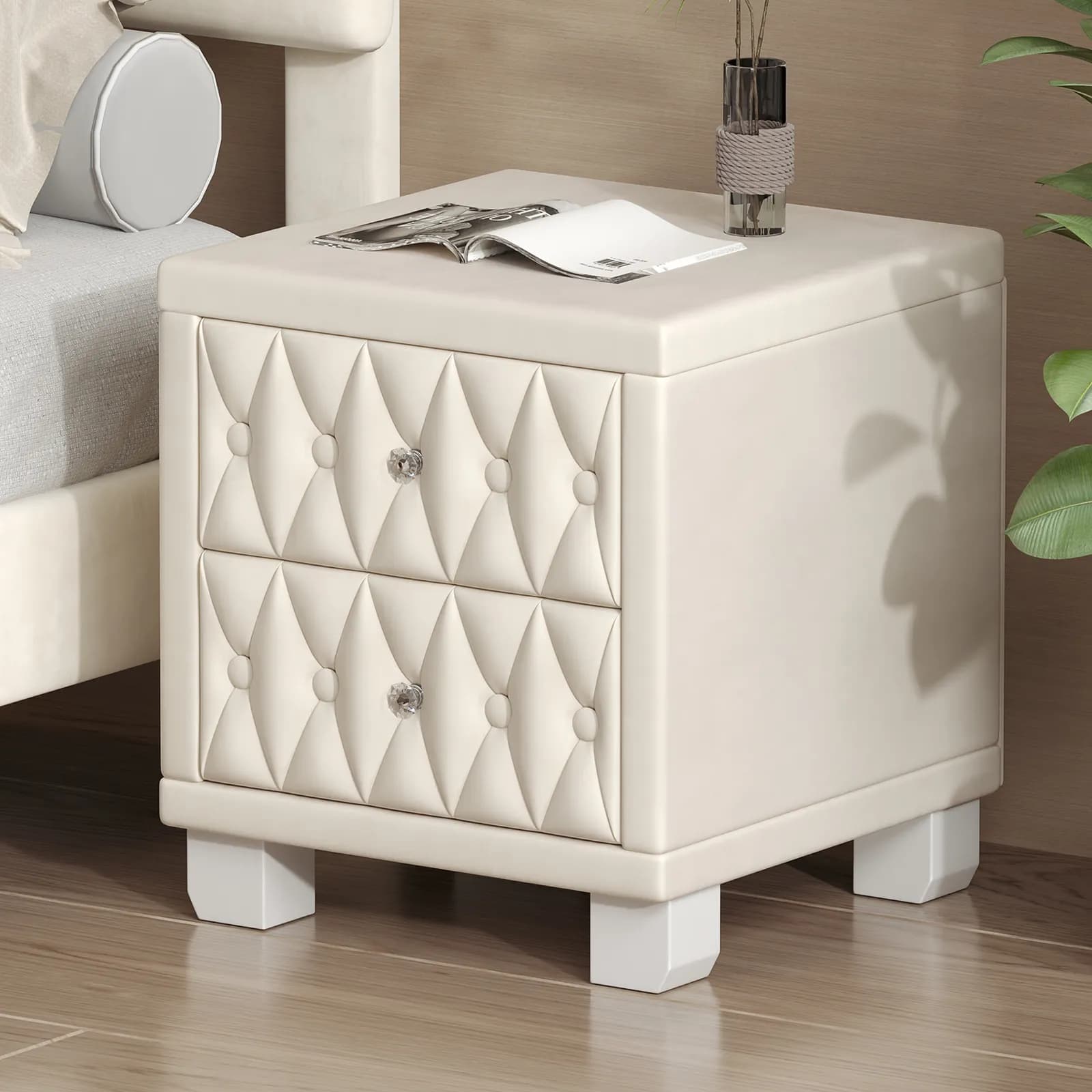 Elegant Velvet Nightstand with 2 Drawers and Crystal Handle, Storage Bedside Table with…