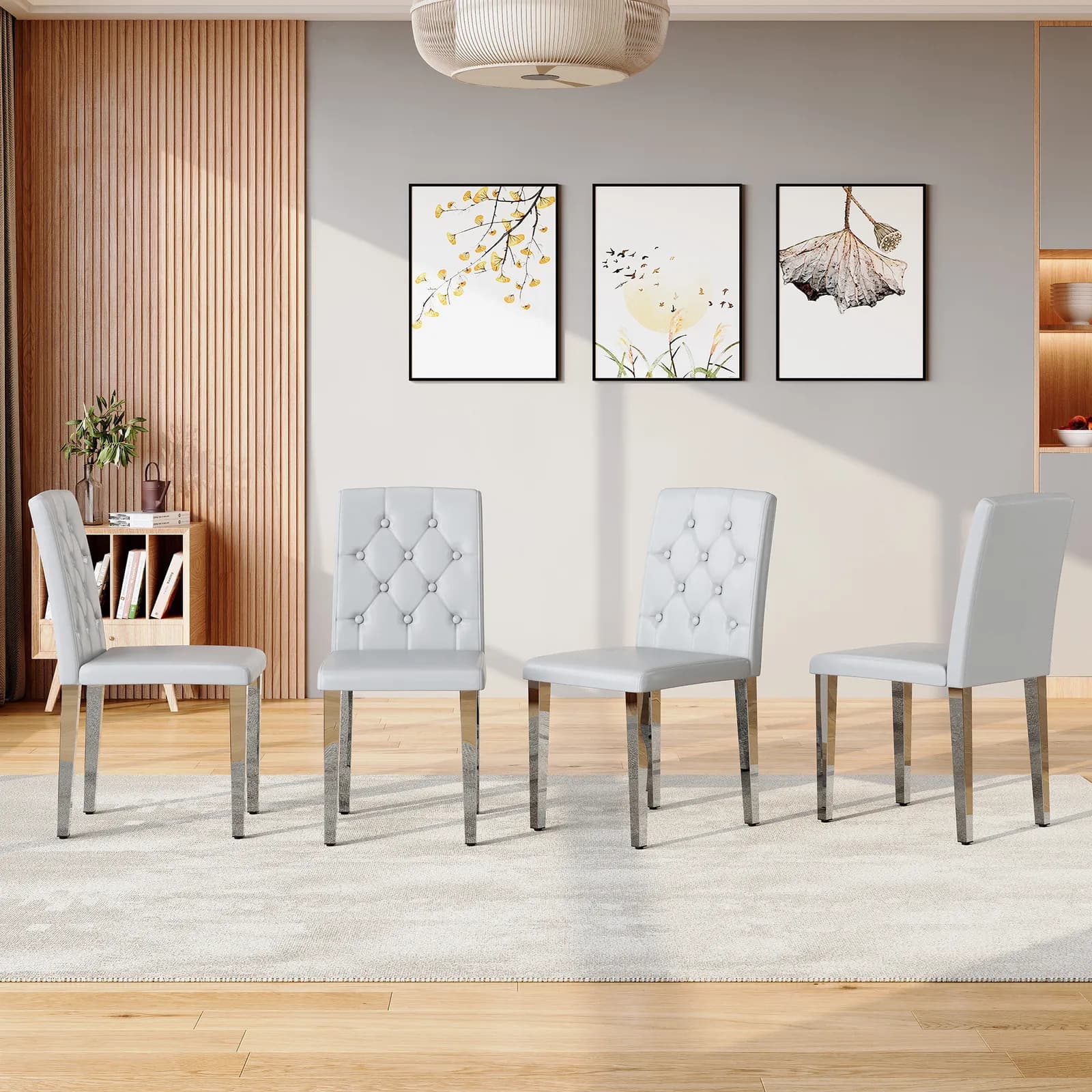 4-piece set of light grey PU dining chairs: ergonomically designed buckle backrest, 35…