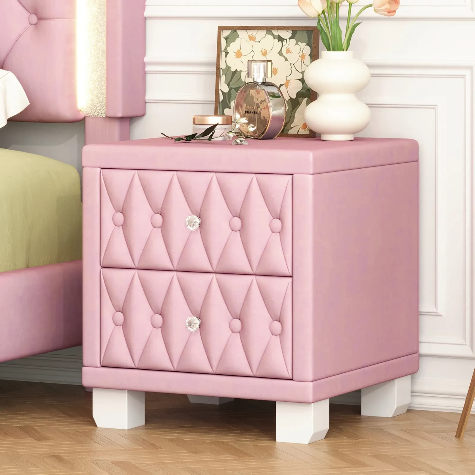Elegant Velvet Nightstand with 2 Drawers and Crystal Handle, Storage Bedside Table with…