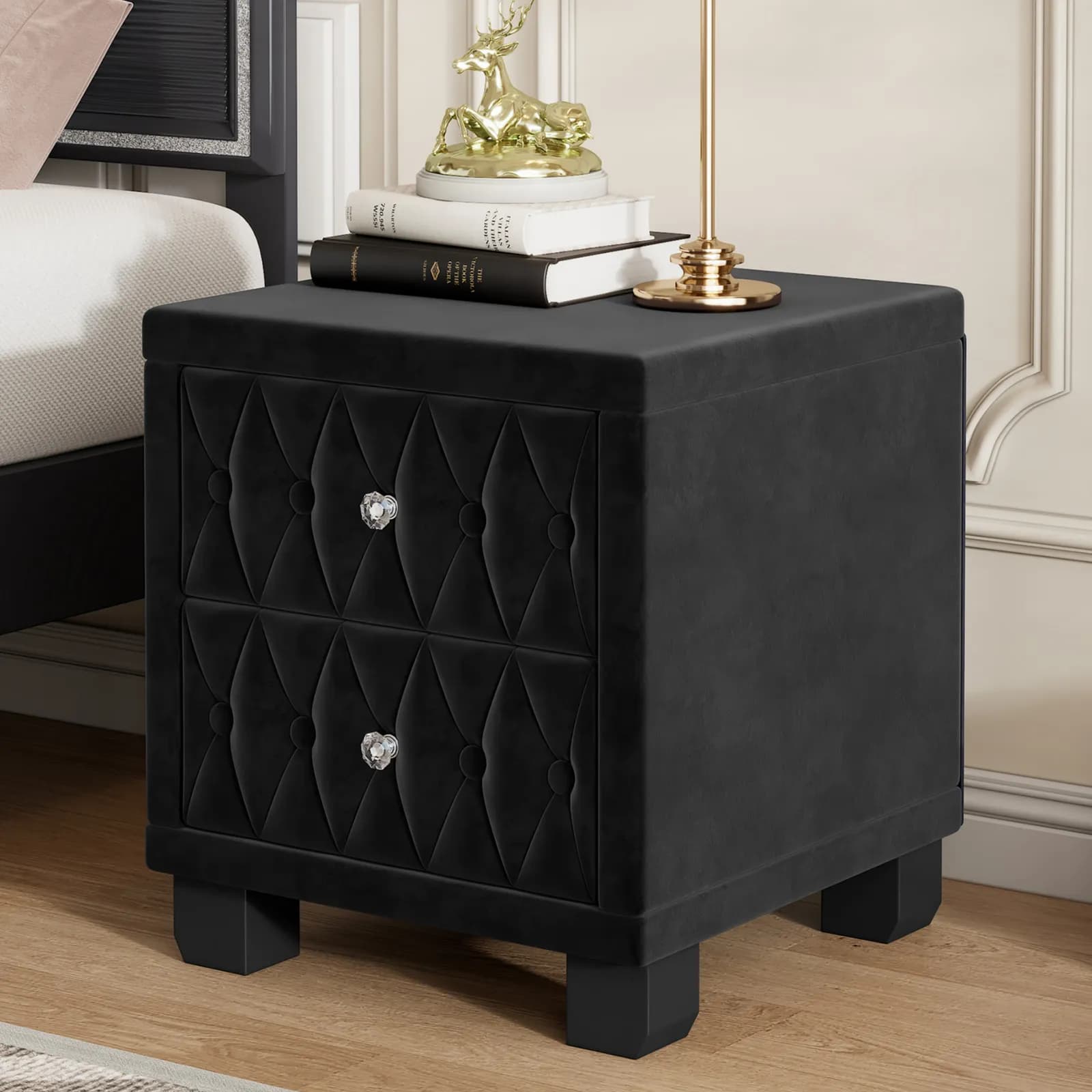 Elegant Velvet Nightstand with 2 Drawers and Crystal Handle, Storage Bedside Table with…