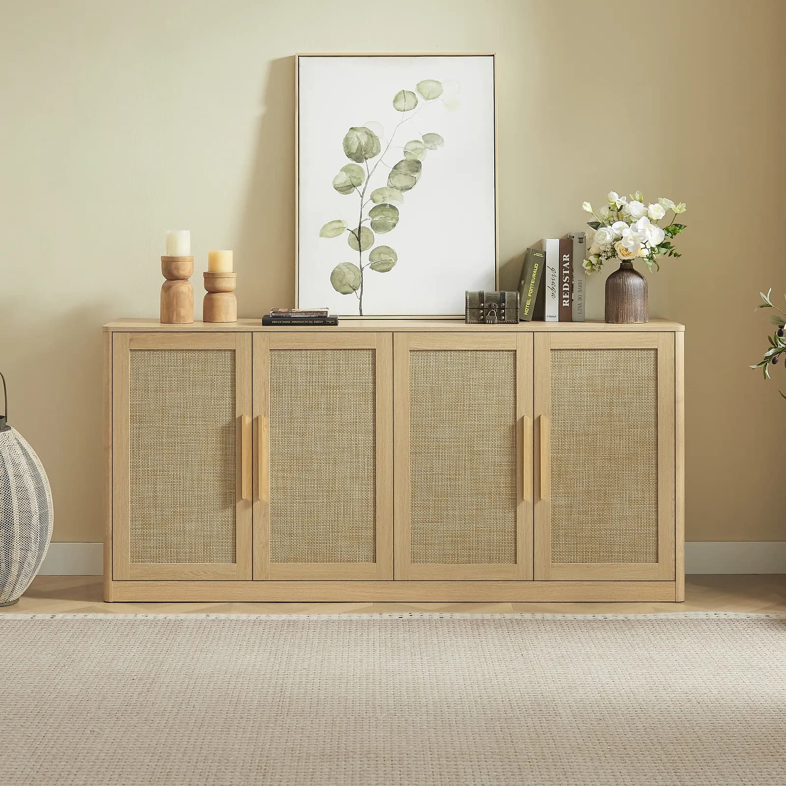 67" Rattan Sideboard Buffet Cabinet, 4-Door Large Storage Credenza with Shelves, Boho Oak…