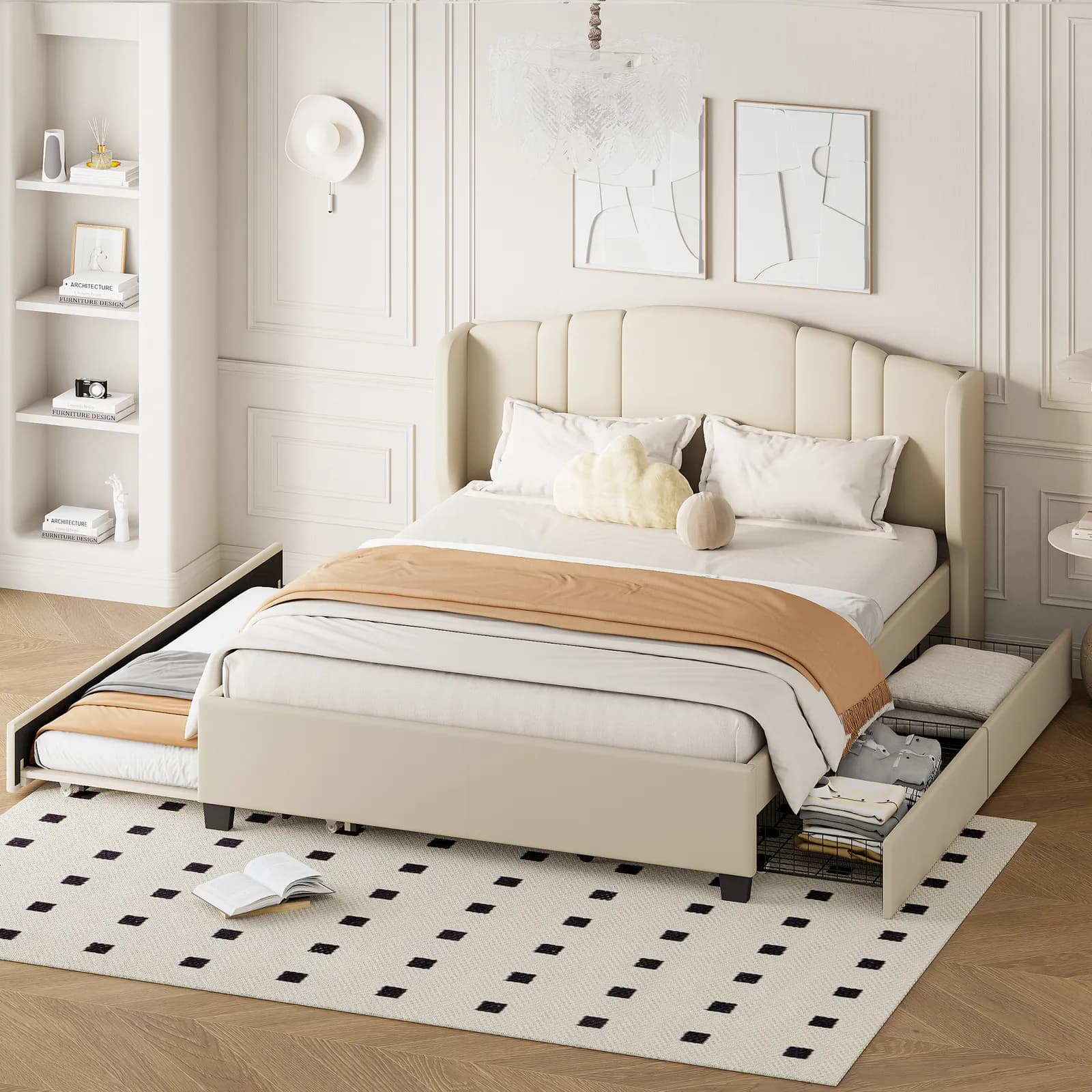 Upholstered Platform Bed with Wingback Headboard, One Twin Trundle and 2 Drawers, No Box…