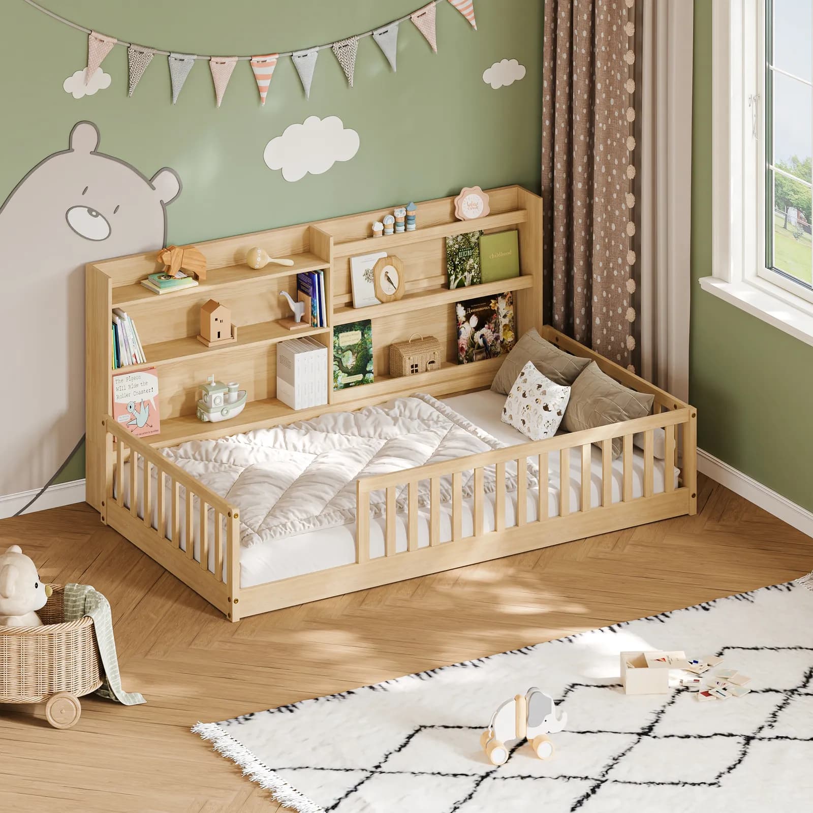 Twin Montessori Floor Bed with Bookshelf & Safety Rails, Natural, Solid pine wood kids…