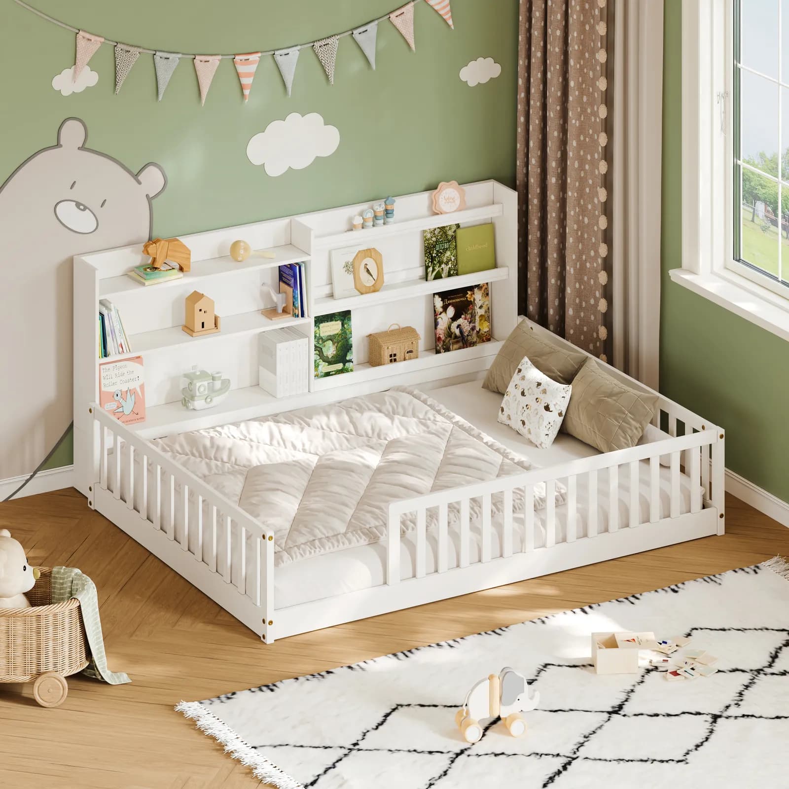 Full Montessori Floor Bed with Bookshelf & Safety Rails, White, Solid pine wood kids bed…