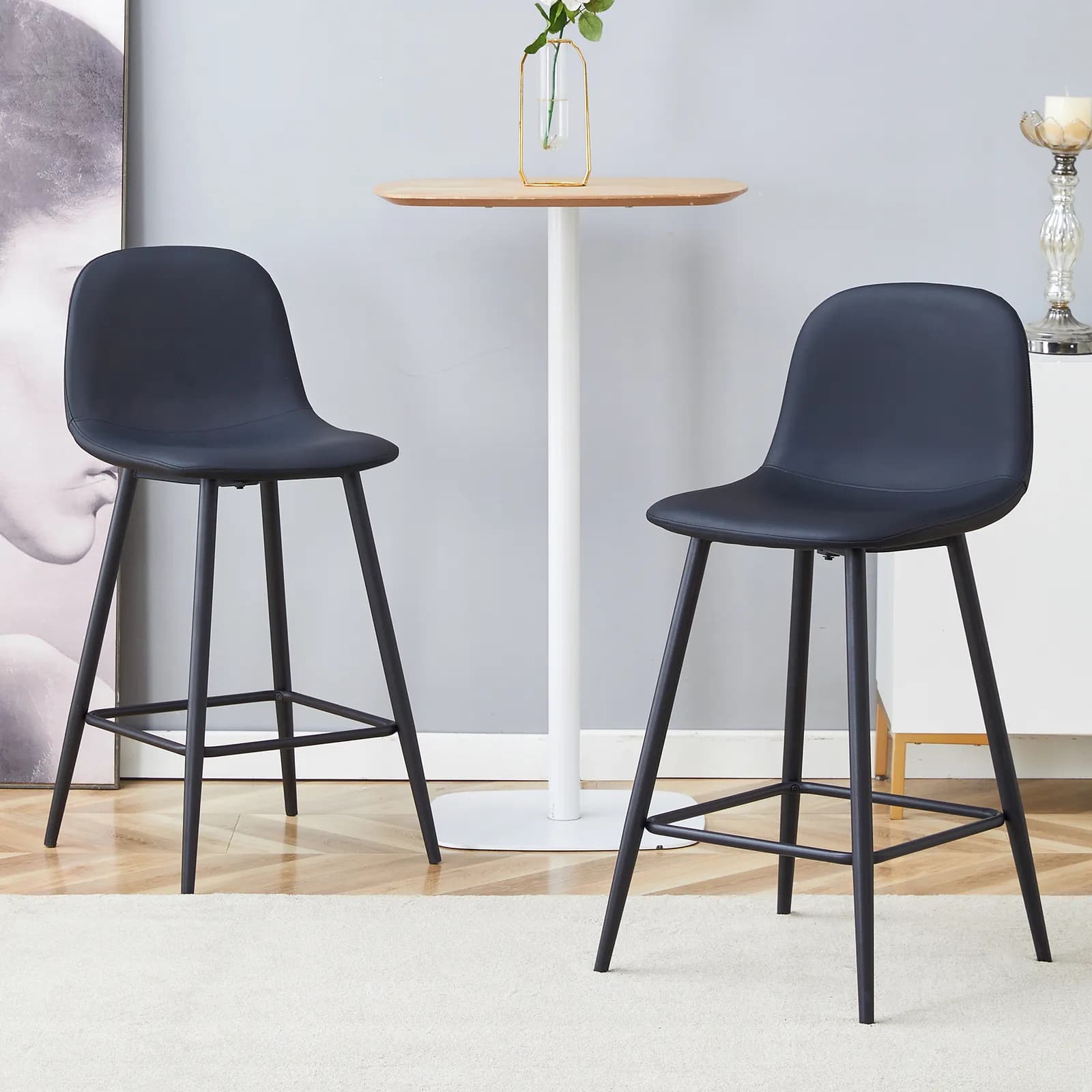 Modern Black PU Bar Chair Set - Two Pieces, Stable Comfort, Thoughtful Design of Rounded…