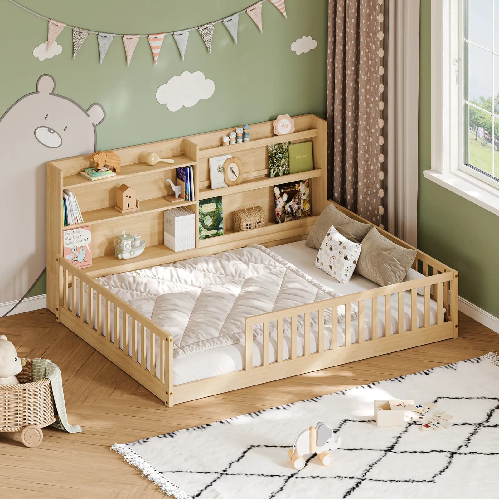 Full Montessori Floor Bed with Bookshelf & Safety Rails, Natural, Solid pine wood kids…