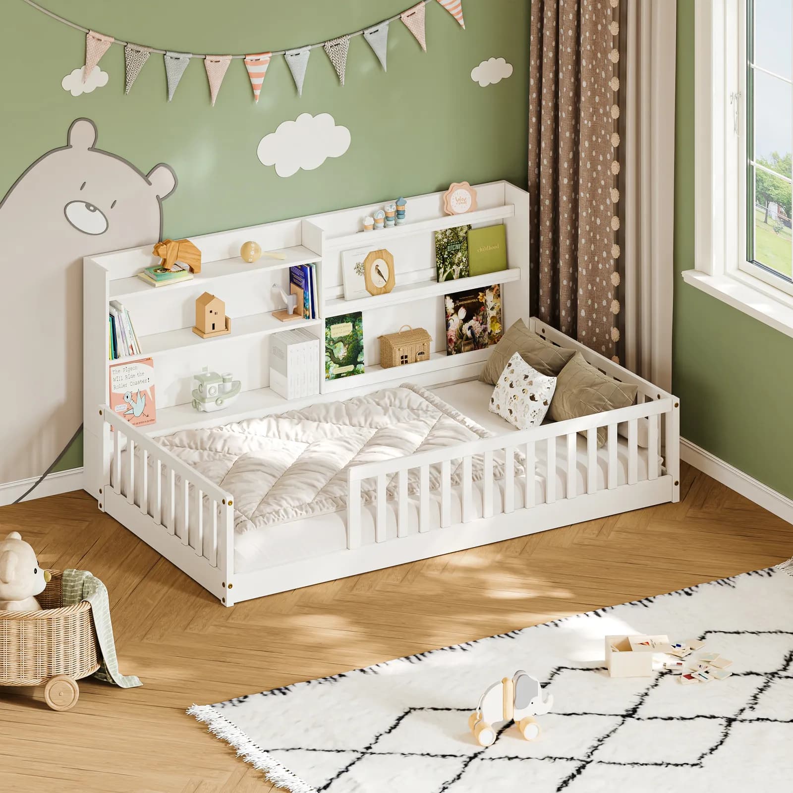 Twin Montessori Floor Bed with Bookshelf & Safety Rails, White, Solid pine wood kids bed…