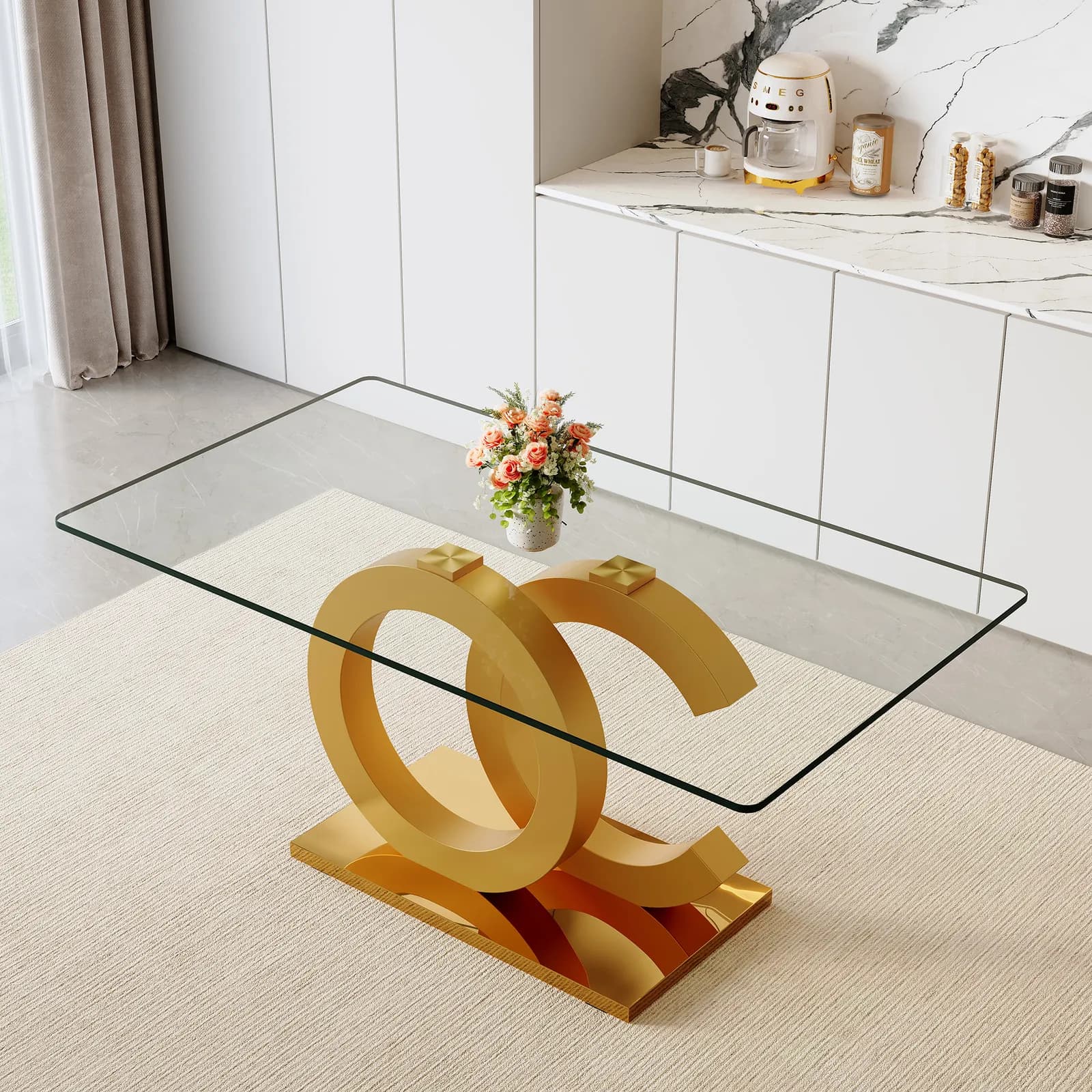 Large modern minimalist rectangular glass dining table suitable for 6-8 people, equipped…