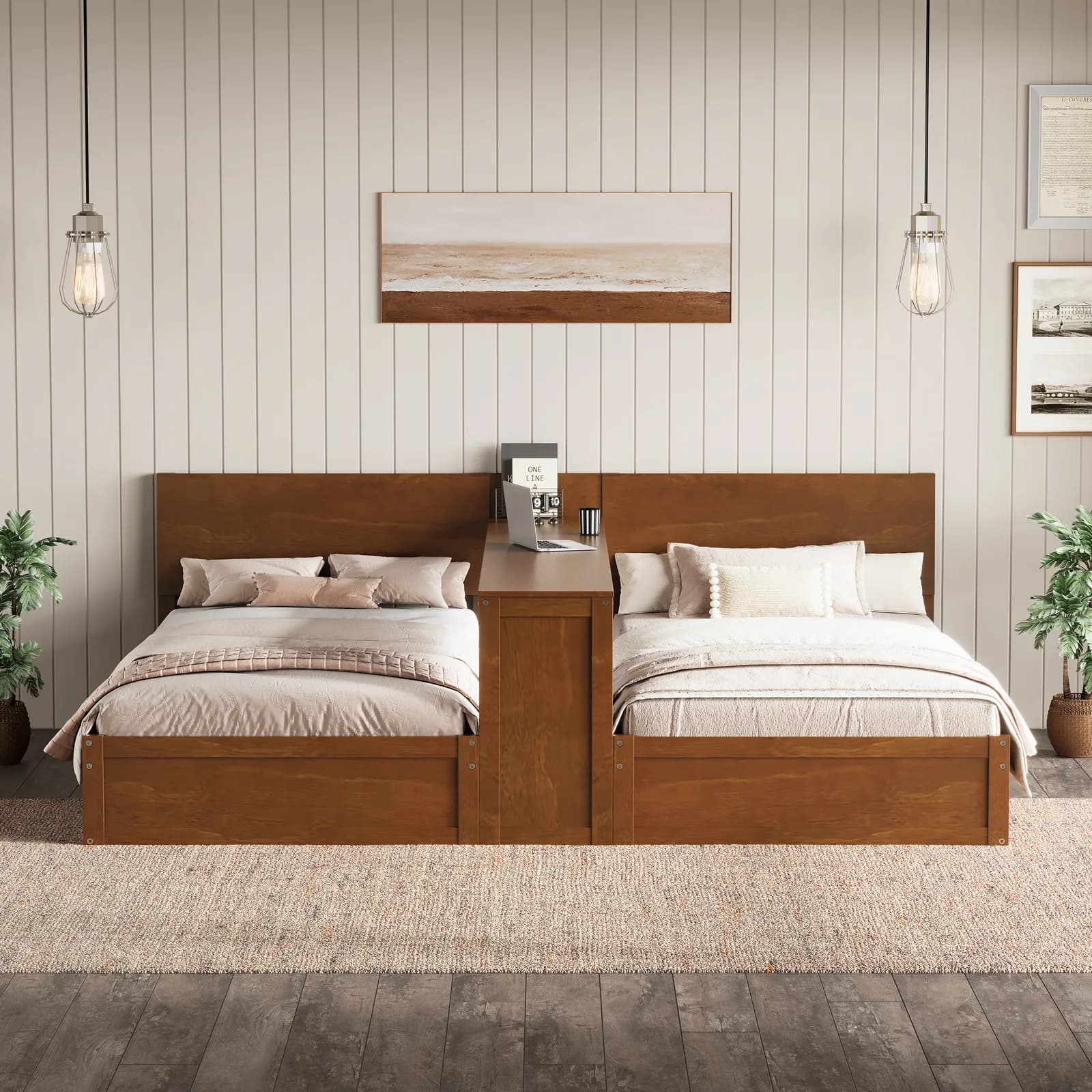 Twin Platform Bed Frame Set with Adjustable Storage Desk, 2 Twin Beds with Flexible Shelf…