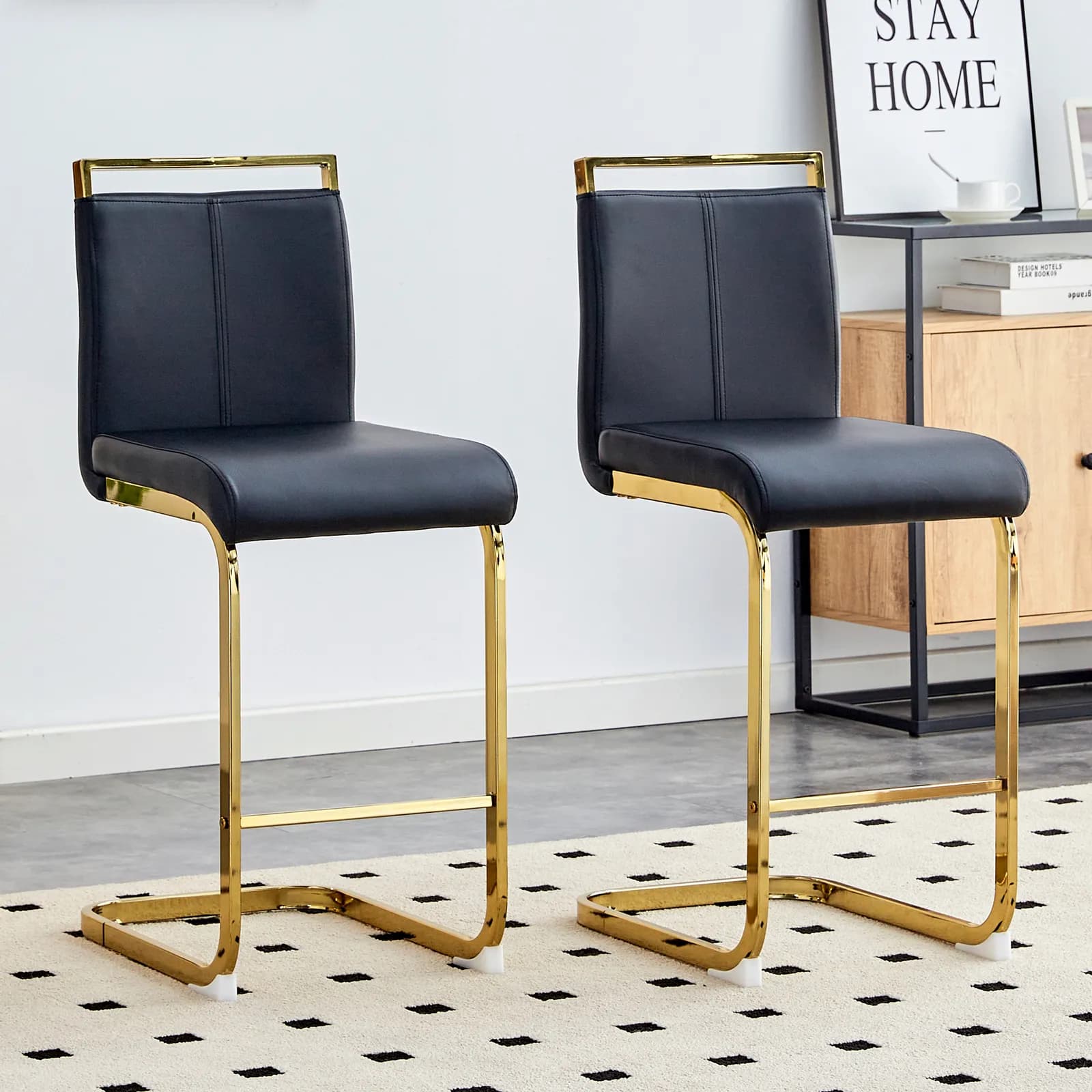 Modern PU leather upholstered bar chair with C-tube gold metal legs, suitable for…