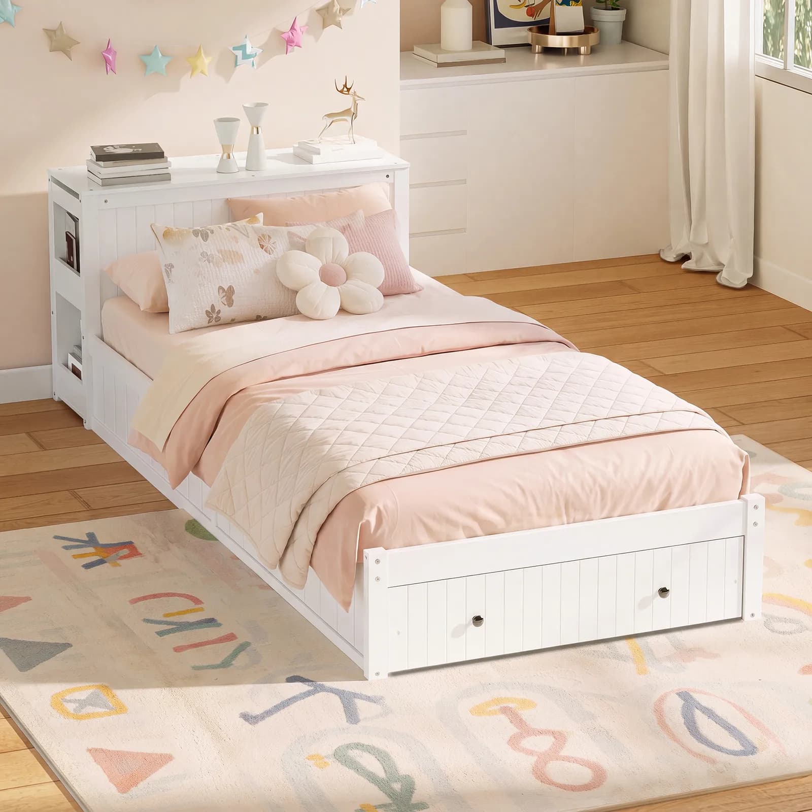 Twin Modern Platform Bed with Integrated Desk and Storage, Wood Bed Frame with wide…
