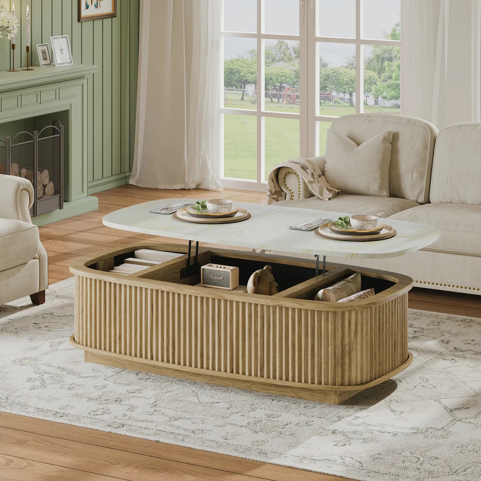 47, 2" Oval Fluted Lift Top Coffee Table, Lift Tabletop Dining Table, Gas Spring, Hidden…