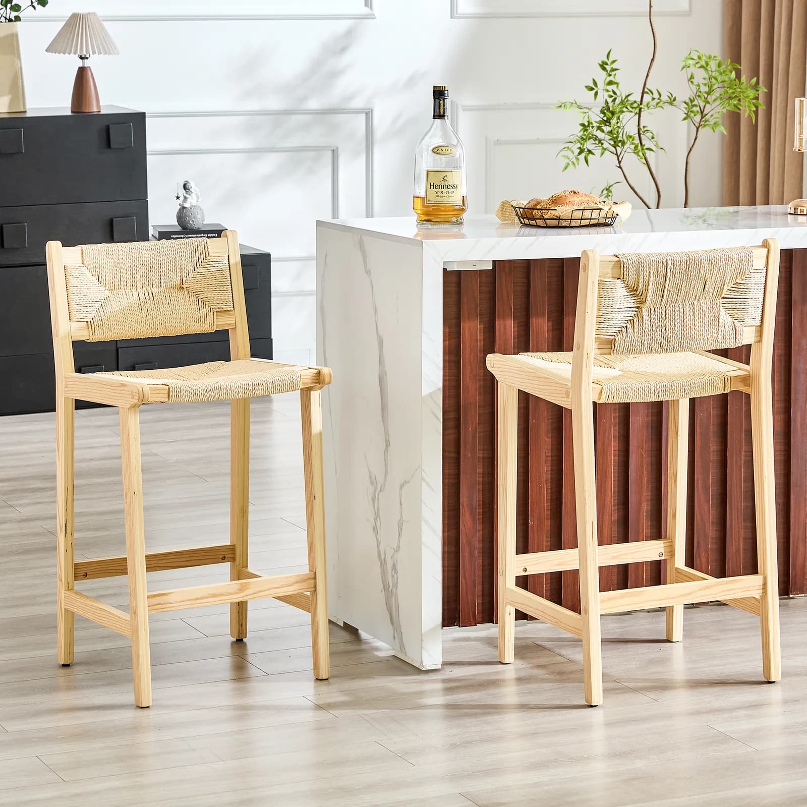2-Piece Set of Solid Wood Woven Bar Stools, Hand-Woven Rope, Rustic-Style Bar Chairs,…