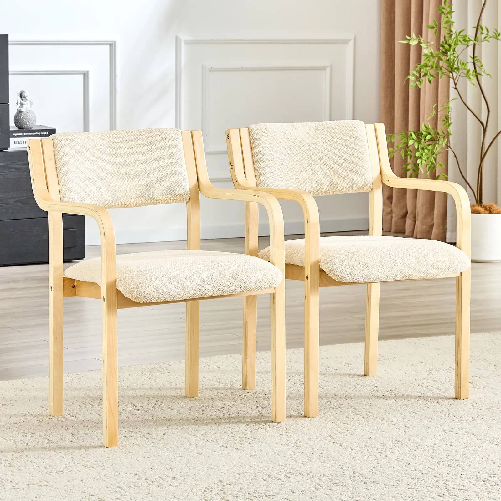 Set of 2 solid wood-framed fabric dining chairs, bentwood armchairs, and backrest chairs…