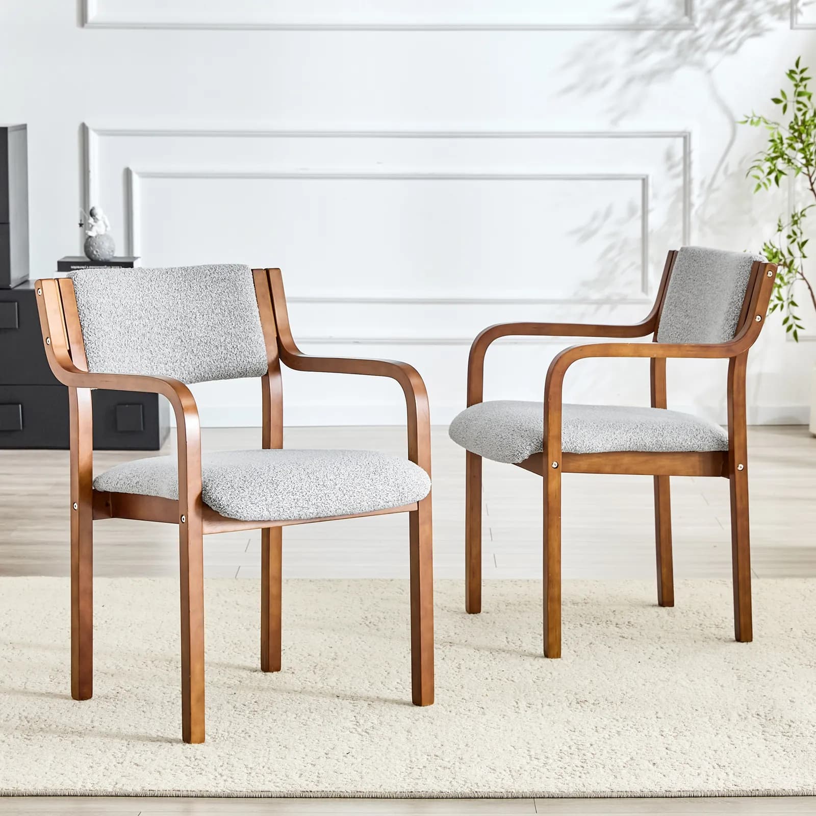 Set of 2 solid wood-framed fabric dining chairs, bentwood armchairs, and home dining room…