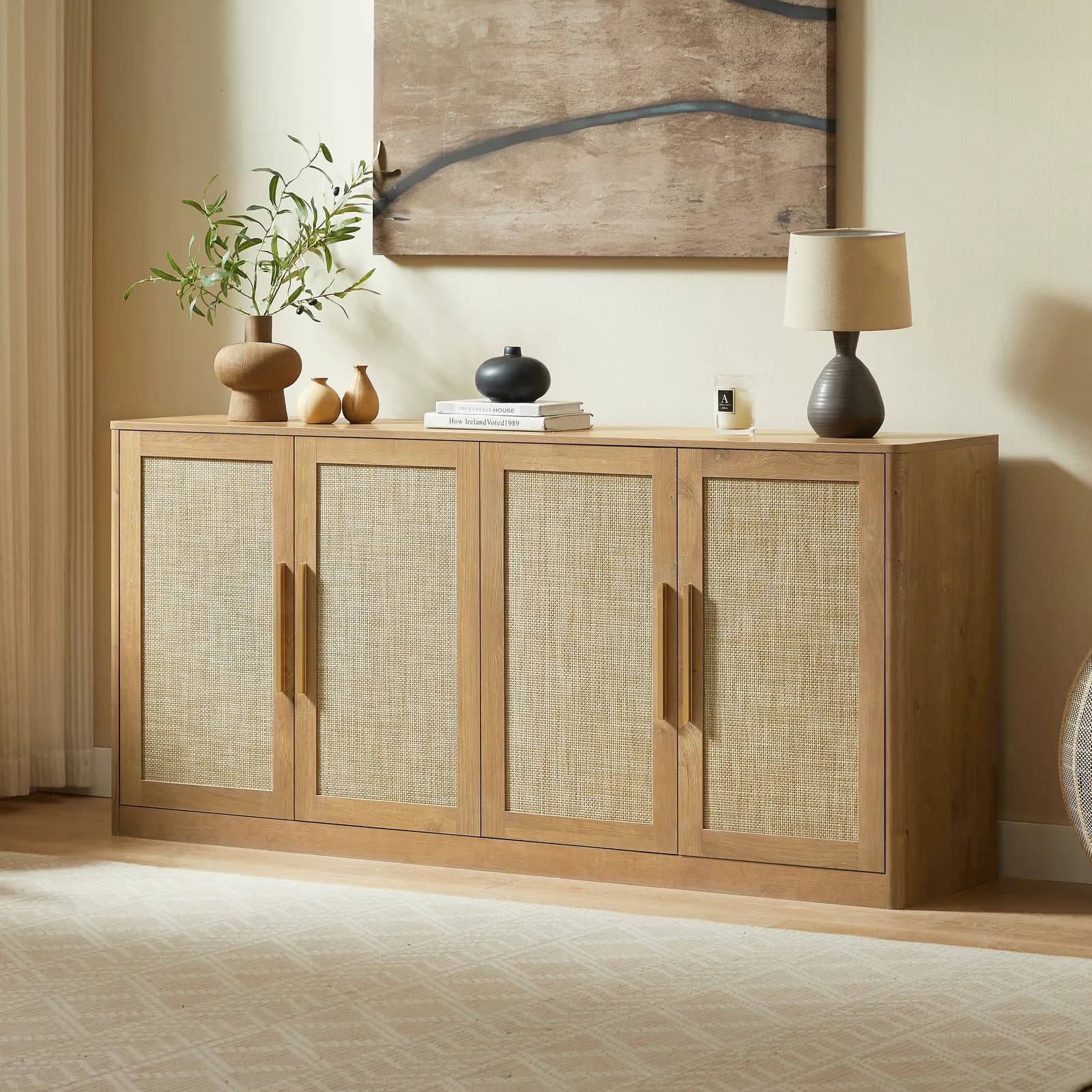 67" Rattan 4-Door Buffet Cabinet, Boho Sideboard, Large Credenza Sideboard Buffet for…
