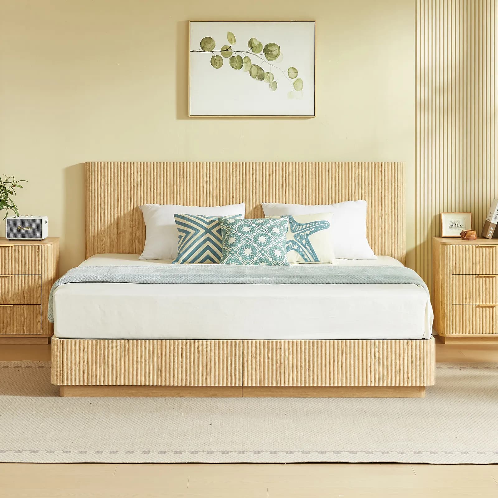 King Size Bed Frame with LED Lights, Modern Wooden Corrugated Curved Lines, Convex Groove…