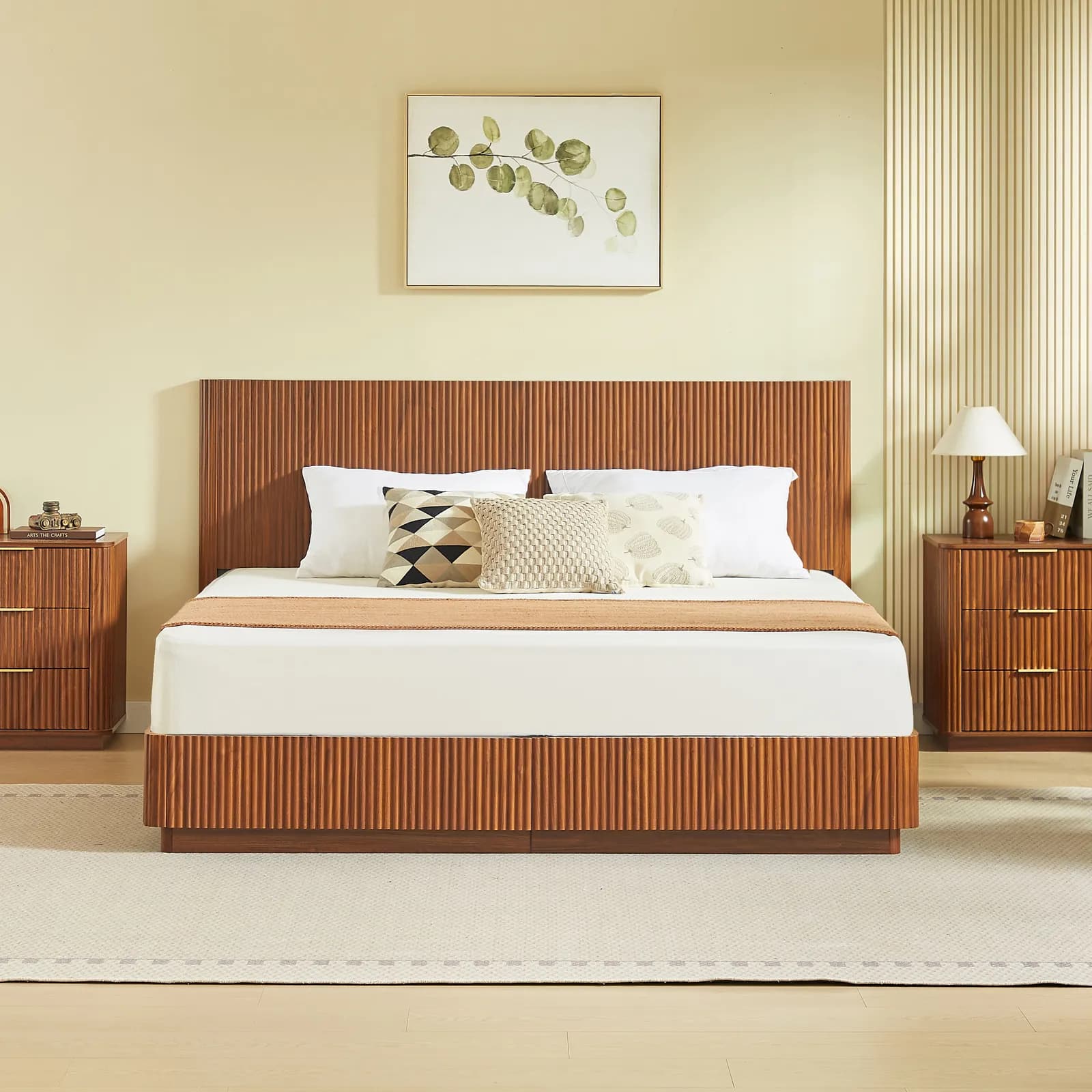 Kind Size Bed Frame with LED Lights, Modern Wooden Corrugated Curved Lines, Convex Groove…