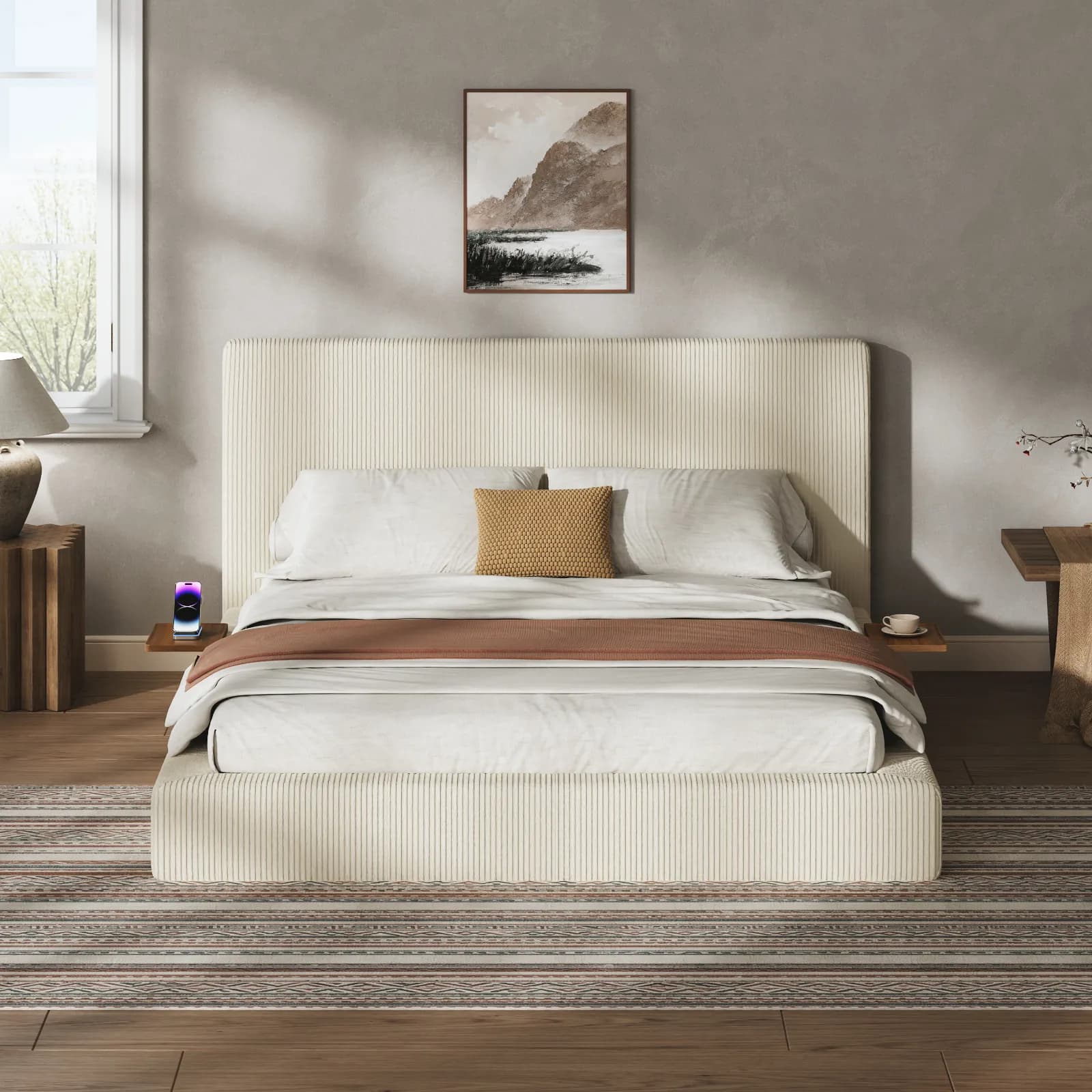 AirFrame Queen Bed Frame with Adjustable Sliding Side Table, 8, 7'' Cloud Upholstered…