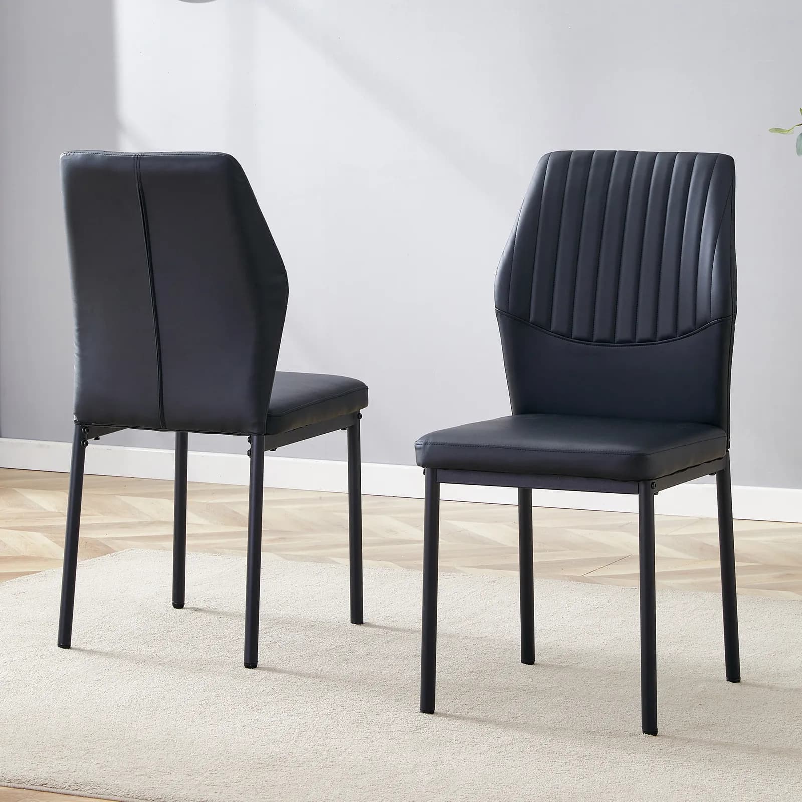 Luxury Simple Chair - Set of 2 BLACK PU Material High Resilience Dining Chair with Metal…