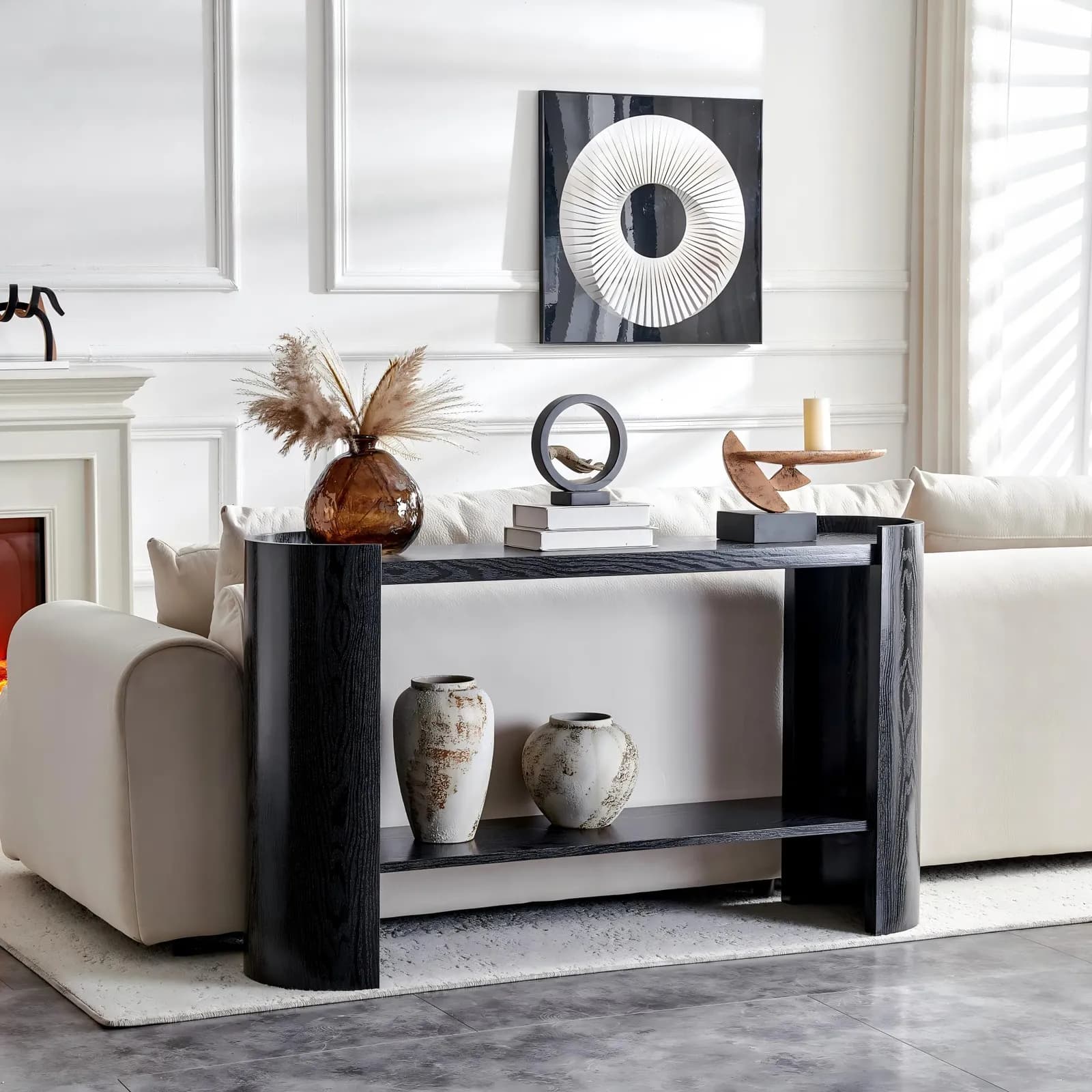 Double-layer Black curved foyer table - Black wood grain minimalist entrance small space…
