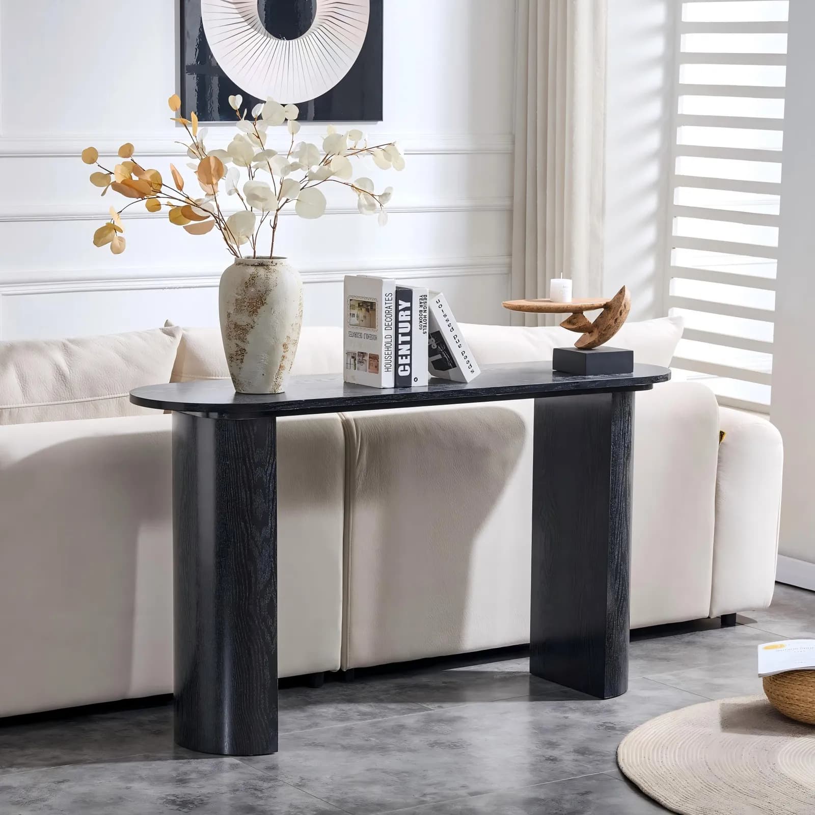 Black curved foyer table - Black wood grain minimalist entrance small space living room…