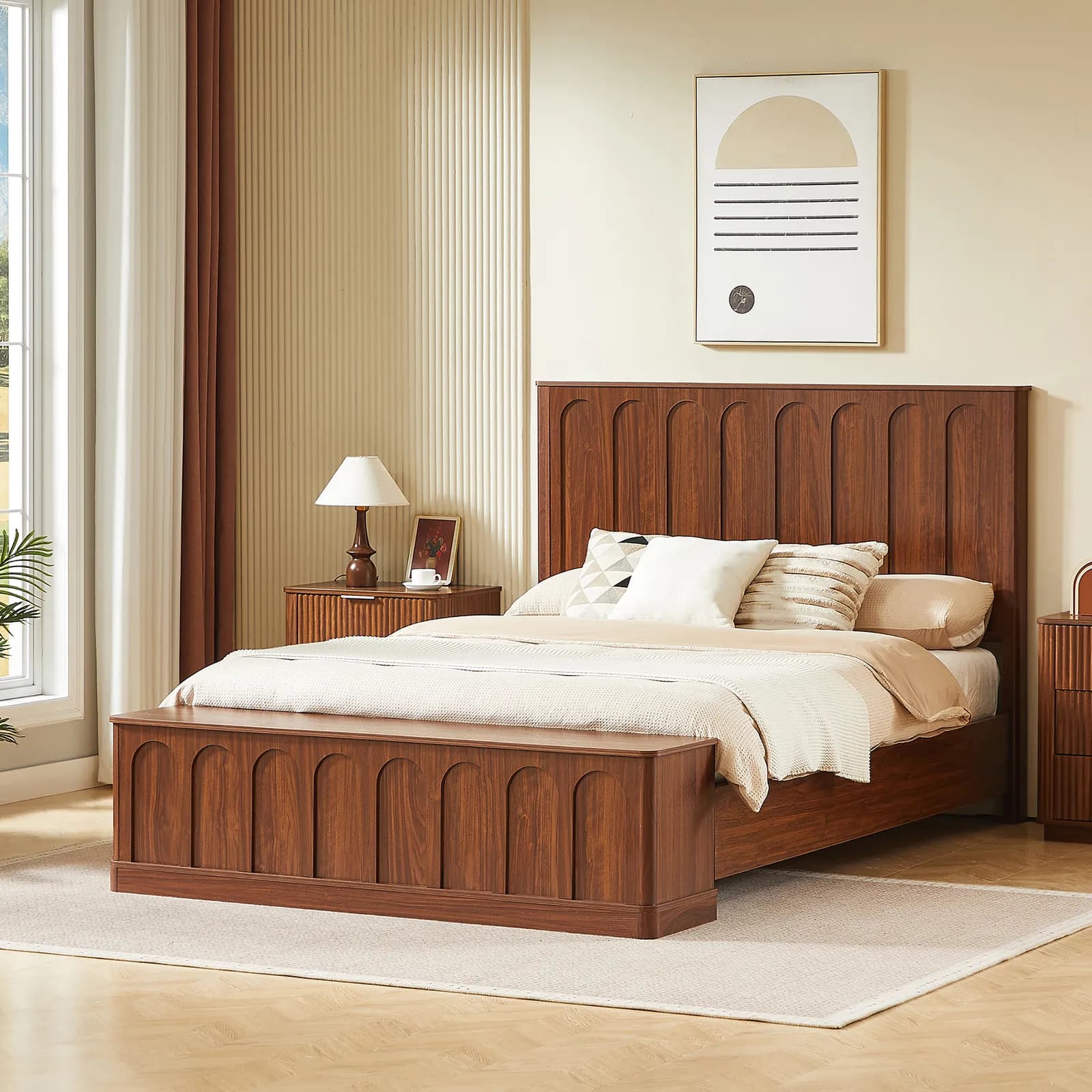 Queen Size Bed Frame with Storage, Mid-Century Modern Wood Platform Bed with Footboard…
