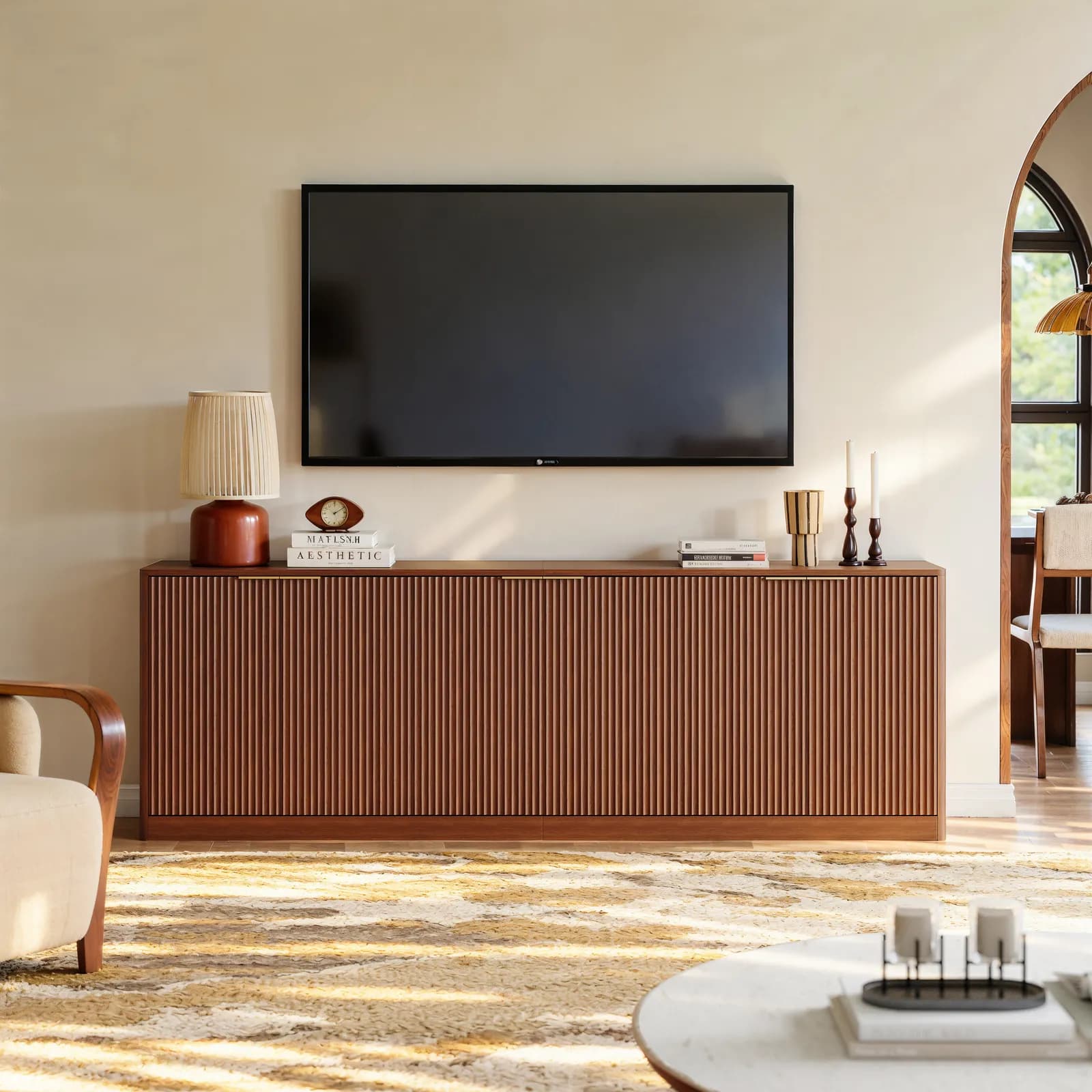 94, 5" Fluted Walnut Buffet Cabinet, Modern Credenza with 6 Doors, Large Sideboard for…