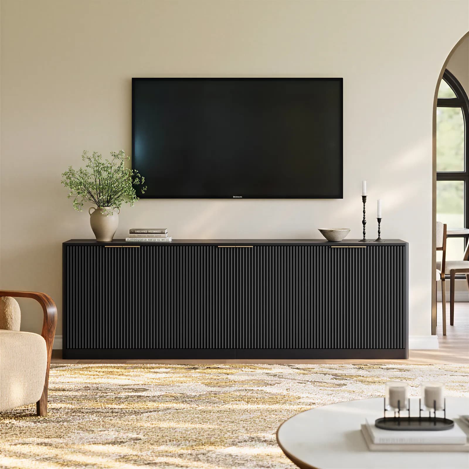 94, 5" Fluted Black Buffet Cabinet, Modern Credenza with 6 Doors, Large Sideboard for…
