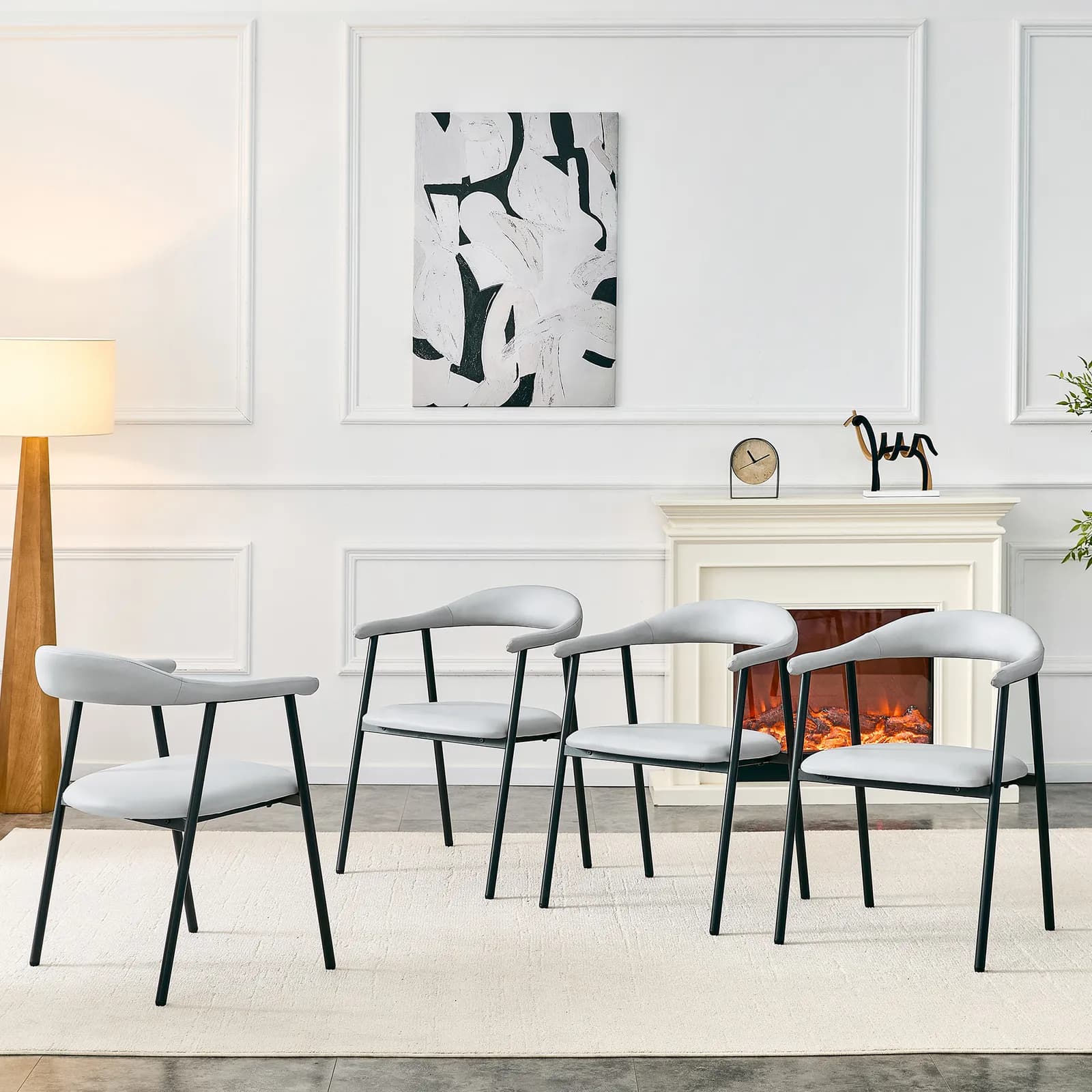 4-Piece Set of Light Gray PU Leather Dining Chairs with Metal Legs - Modern Minimalist…