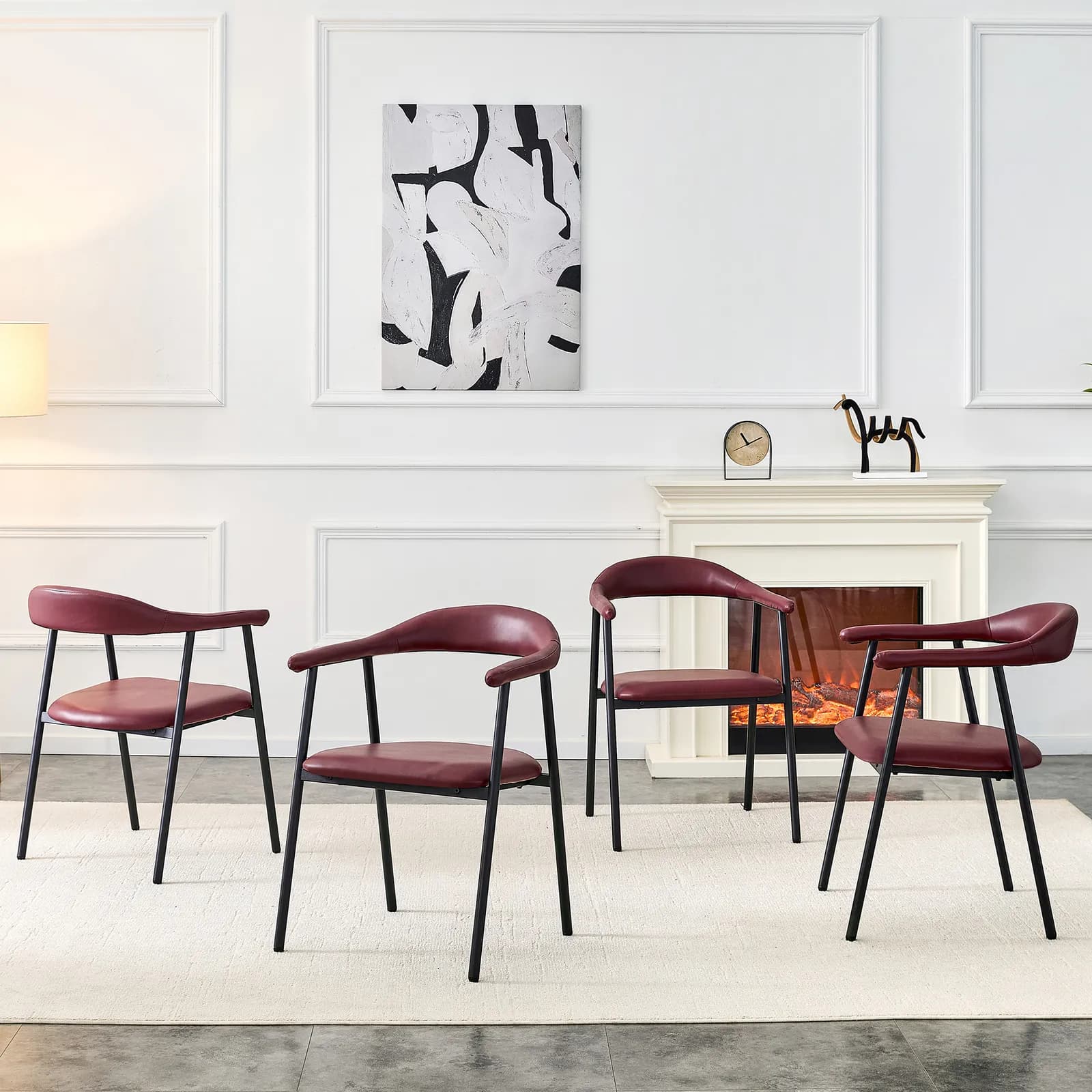 4-piece set of reddish-brown PU leather dining chairs with metal legs - modern,…