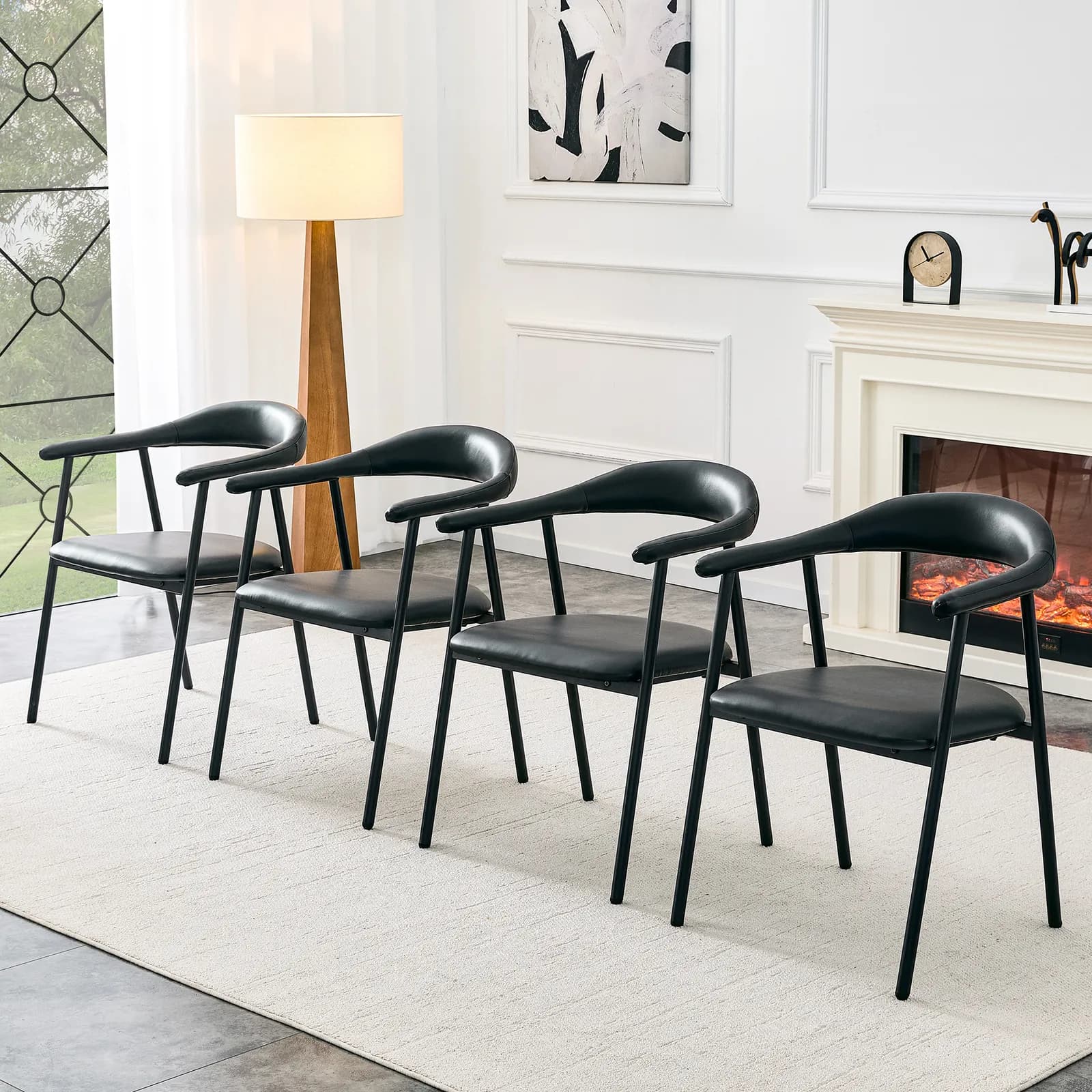 4-Piece Set of Black PU Leather Dining Chairs with Metal Legs - Modern Minimalist Home…