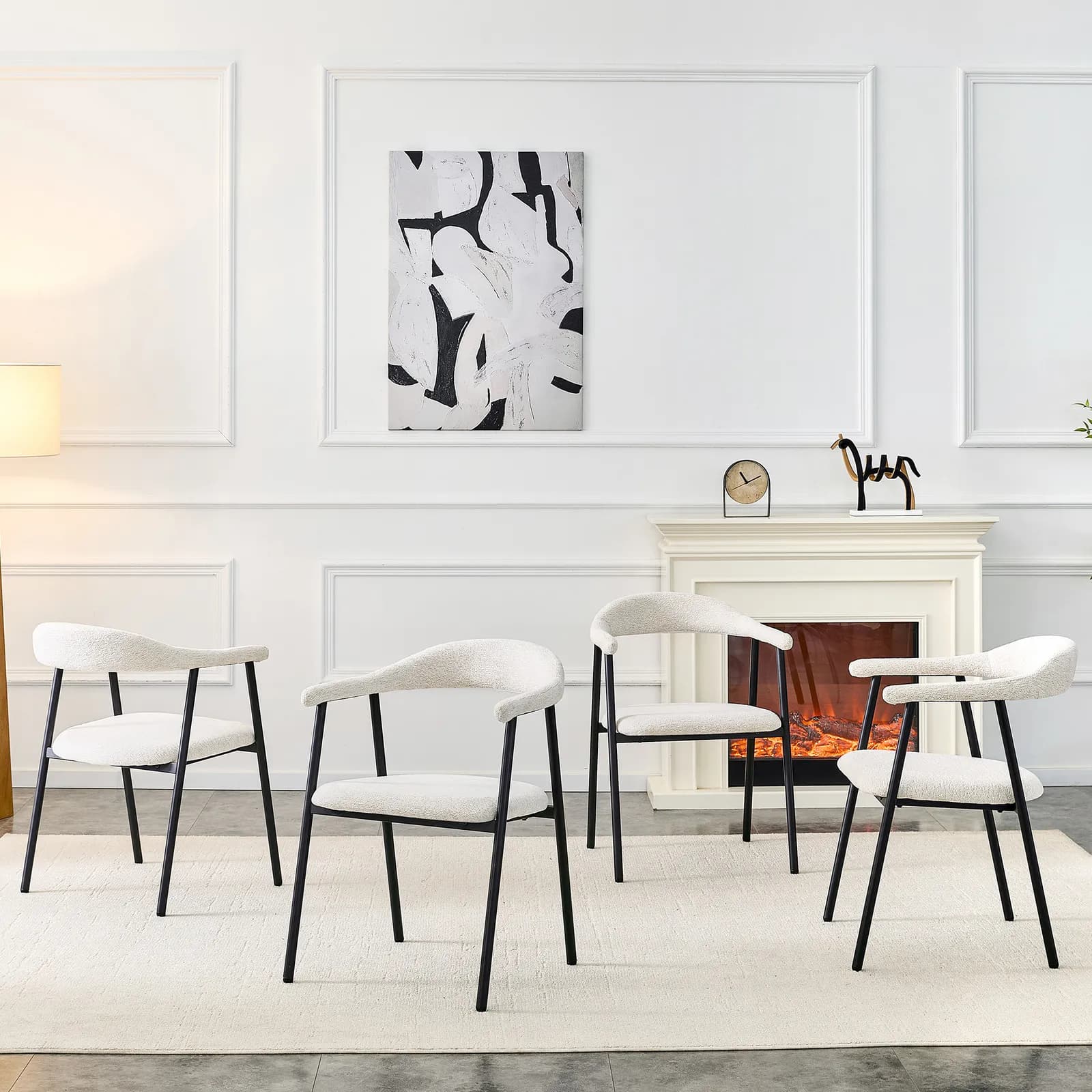 4-piece set of white fabric dining chairs with black metal legs, Modern, minimalist…