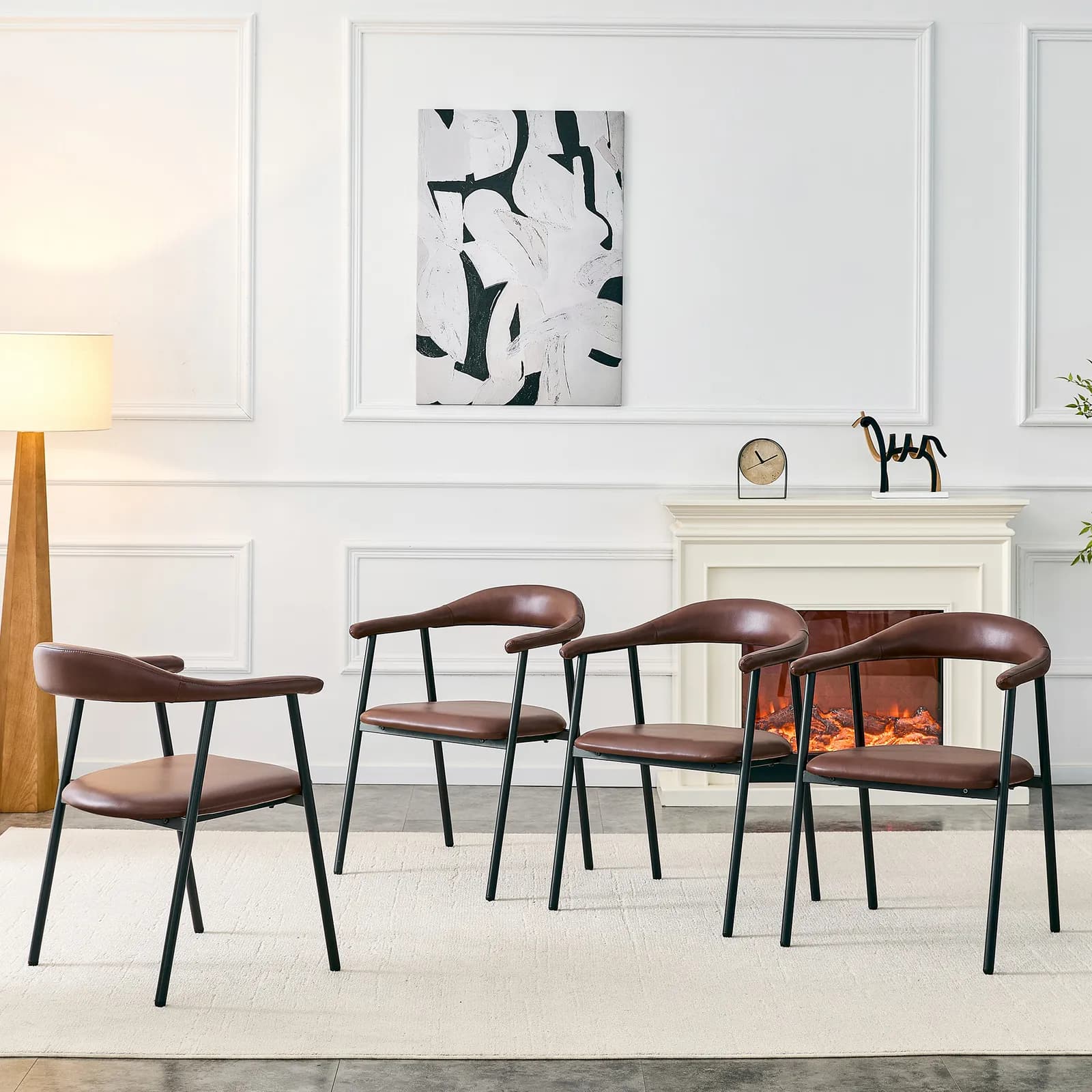 4-Piece Set of Brown PU Leather Dining Chairs with Metal Legs - Modern Minimalist Home…