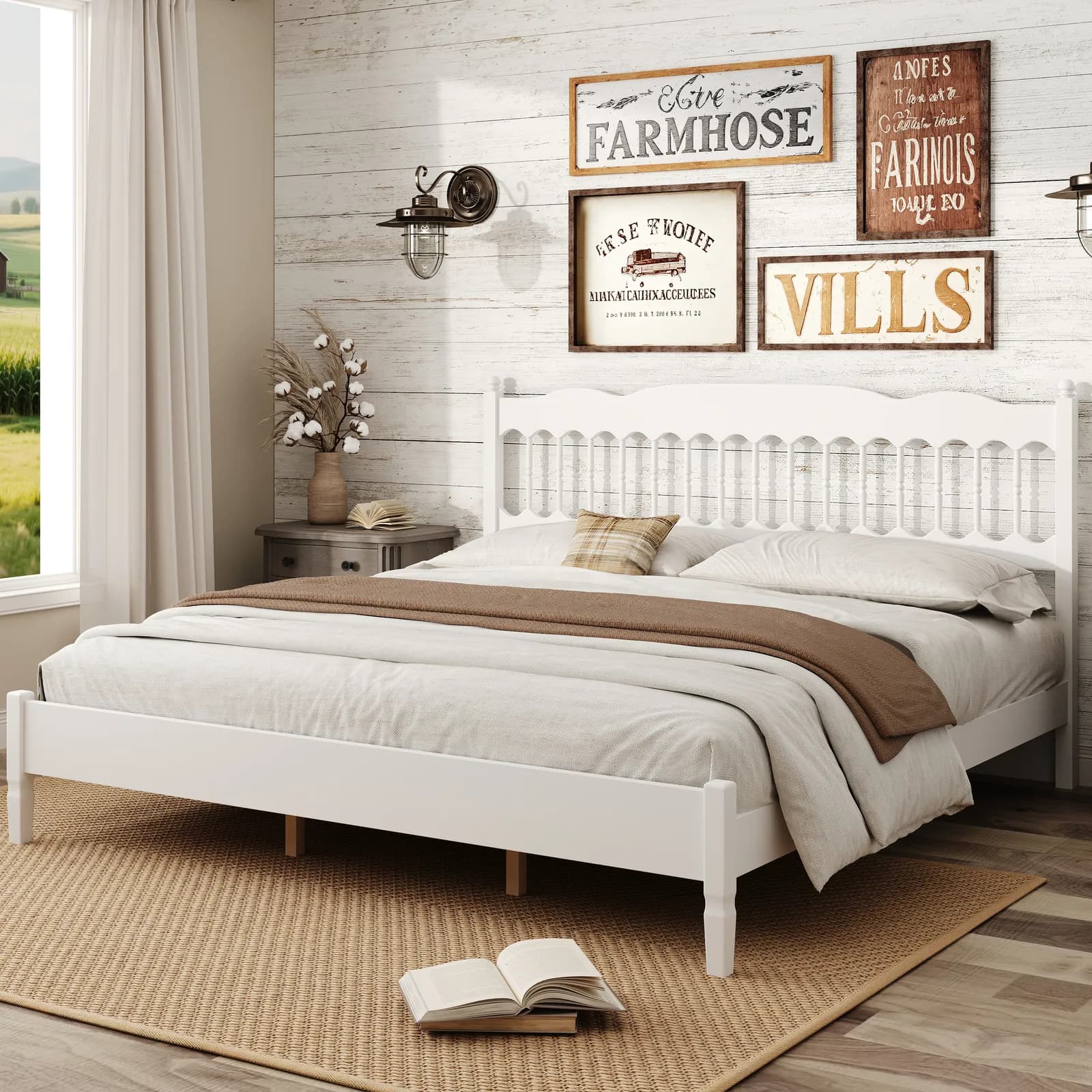 Countryside Style King Size Wooden Bed Frame with Spindle Headboard, Heavy-Duty Platform…