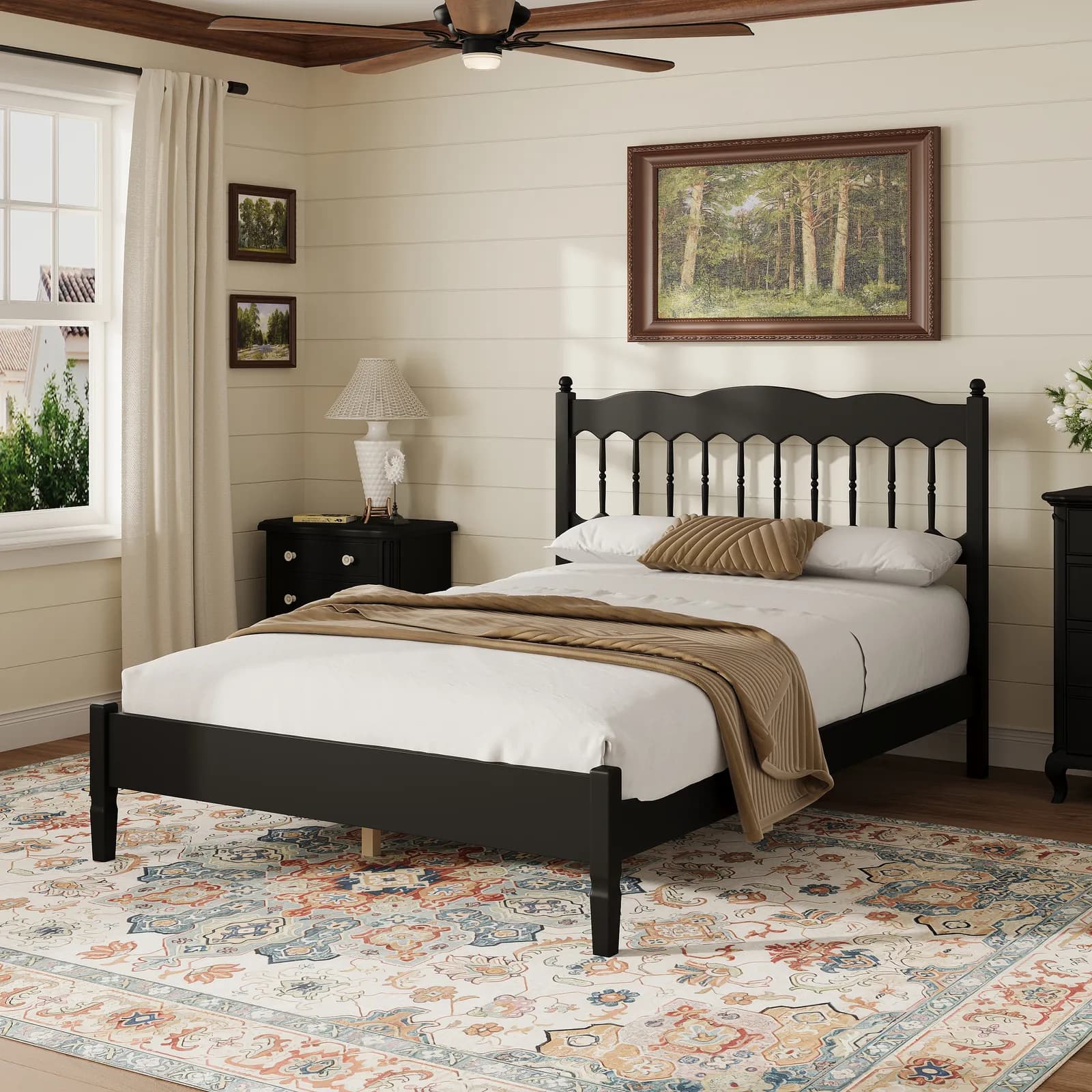 Countryside Style Full Size Wooden Bed Frame with Spindle Headboard, Heavy-Duty Platform…