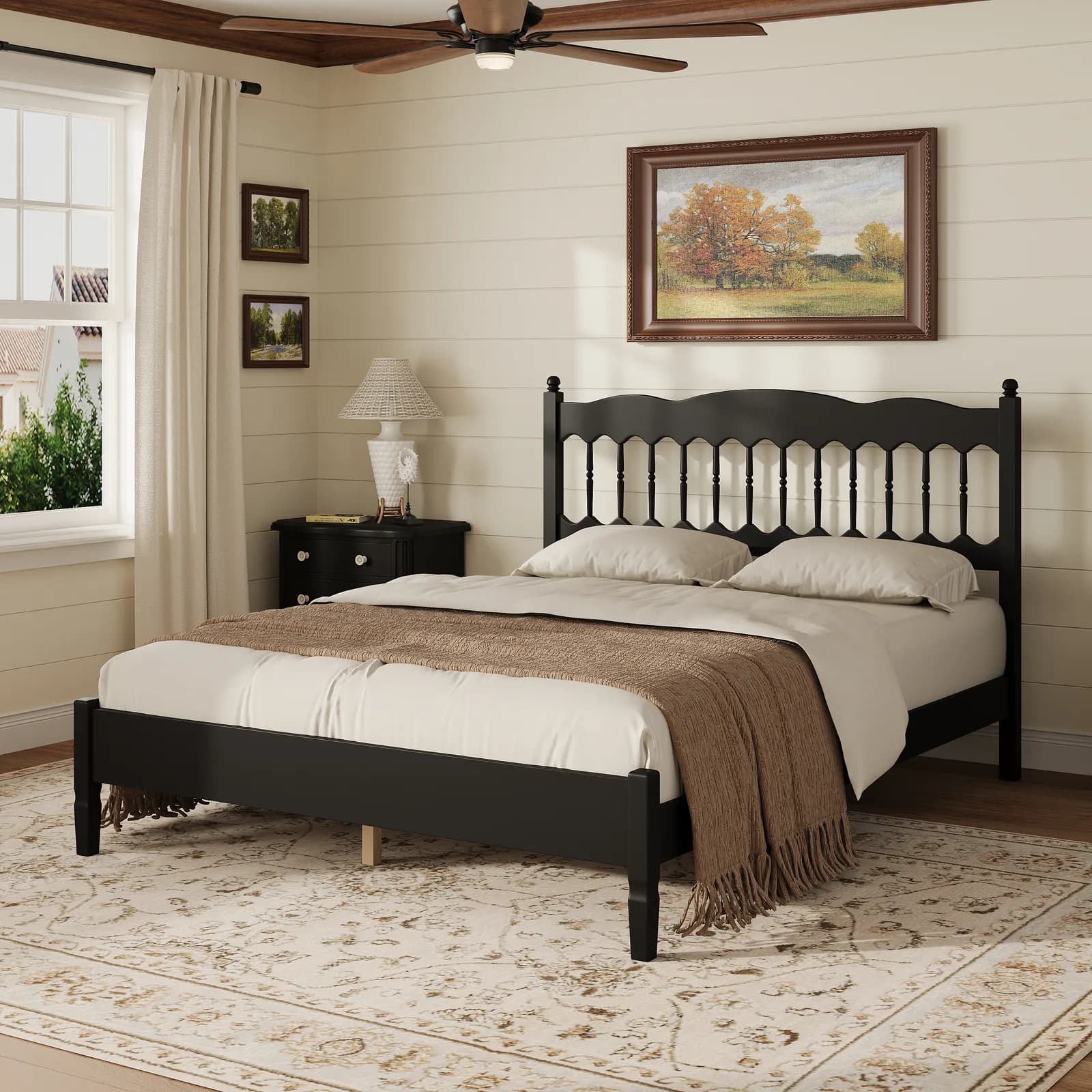 Countryside Style Queen Size Wooden Bed Frame with Spindle Headboard, Heavy-Duty Platform…