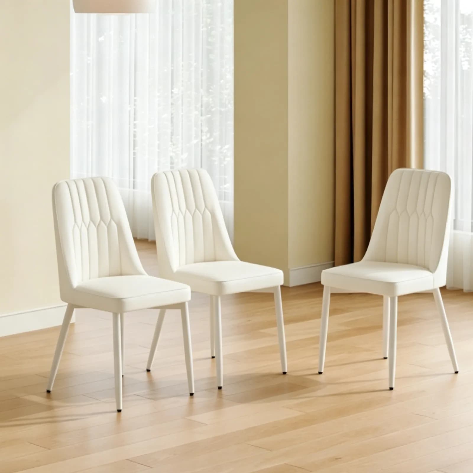 White dining chairs, Metal legs provide strong support, suitable for kitchens, living…