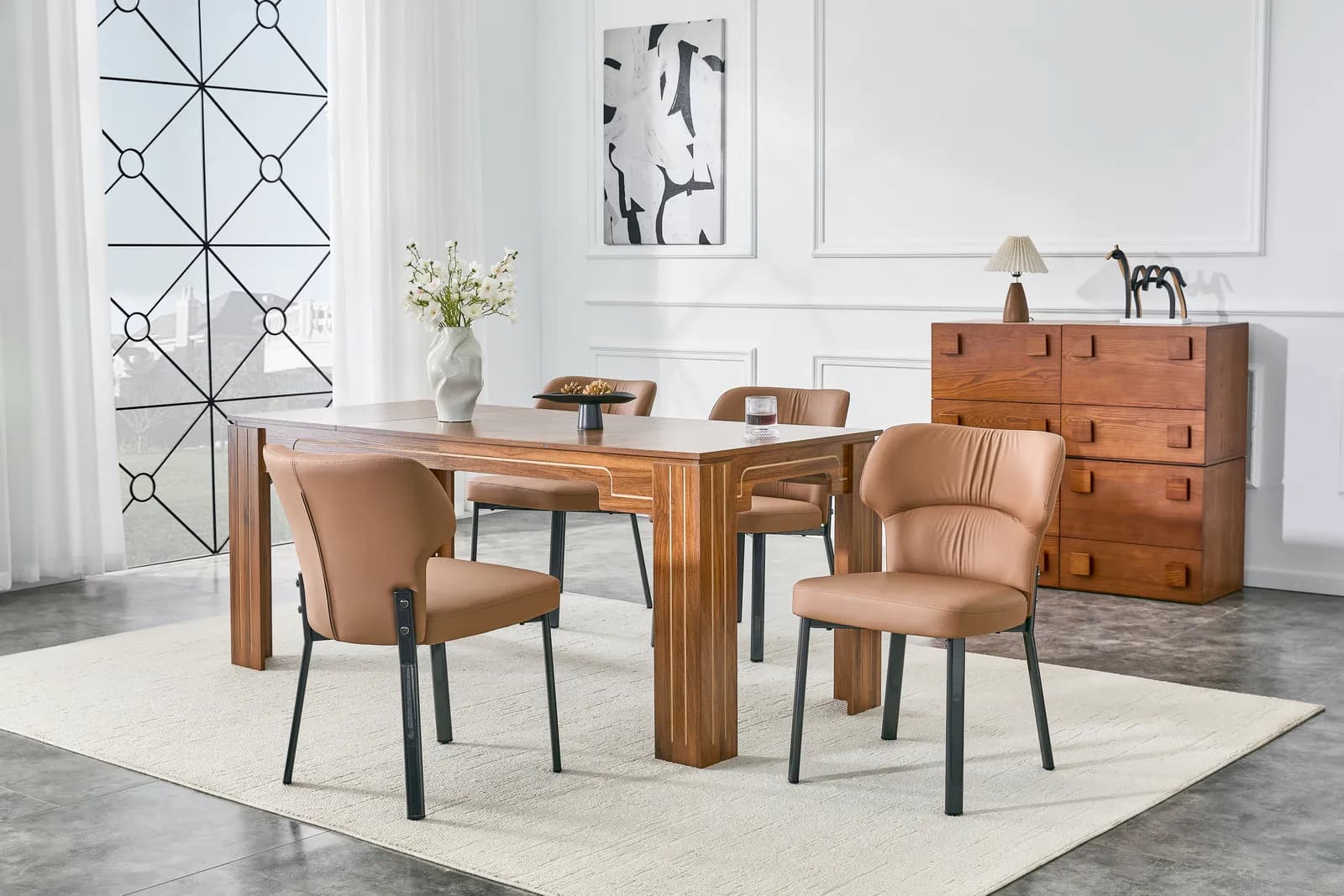 Brown PU Pleated Back Dining Chairs with Black Metal Legs – Modern, Light Luxury Home…