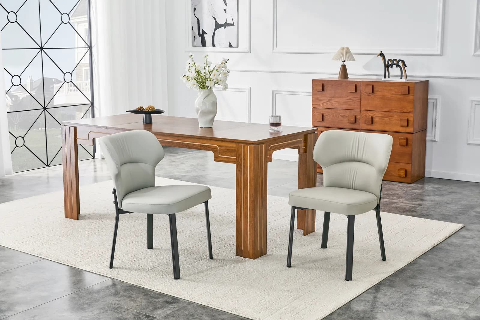 Light Gray PU Pleated Back Dining Chairs with Black Metal Legs – Modern, Light Luxury…