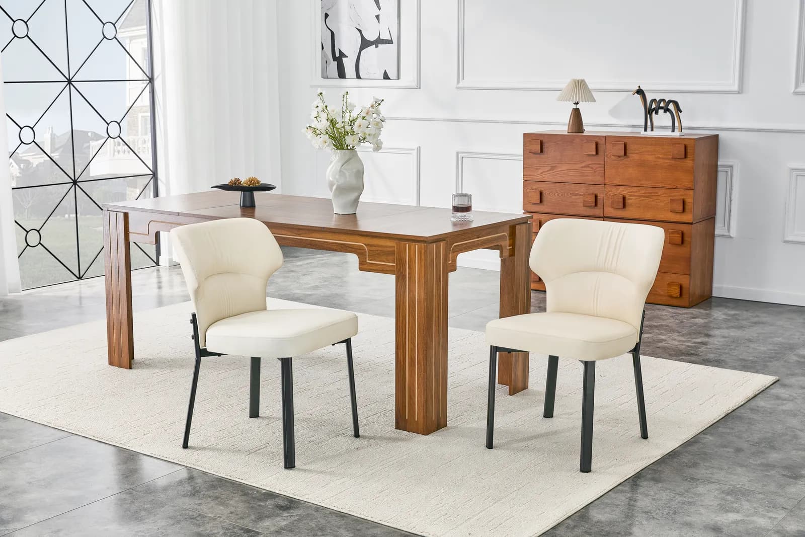 White PU Pleated Back Dining Chairs with Black Metal Legs – Modern, Light Luxury Home…