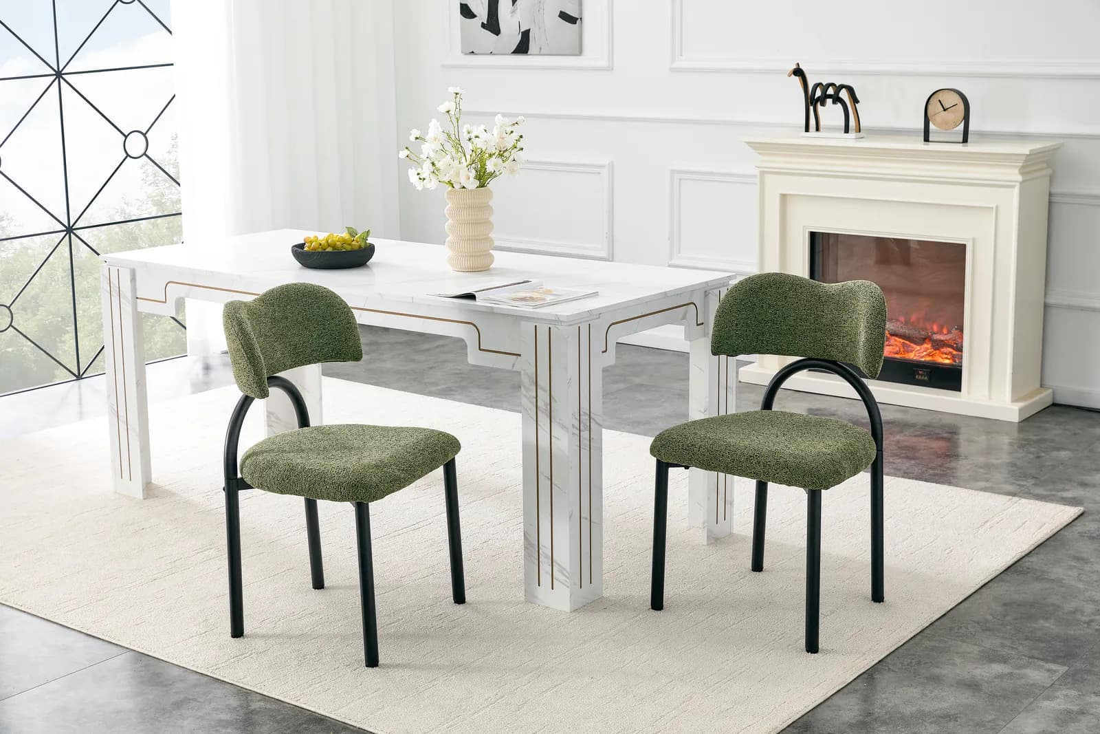 Olive Green Breathable Fabric Dining Chairs with Black Metal Frame – Modern Minimalist…