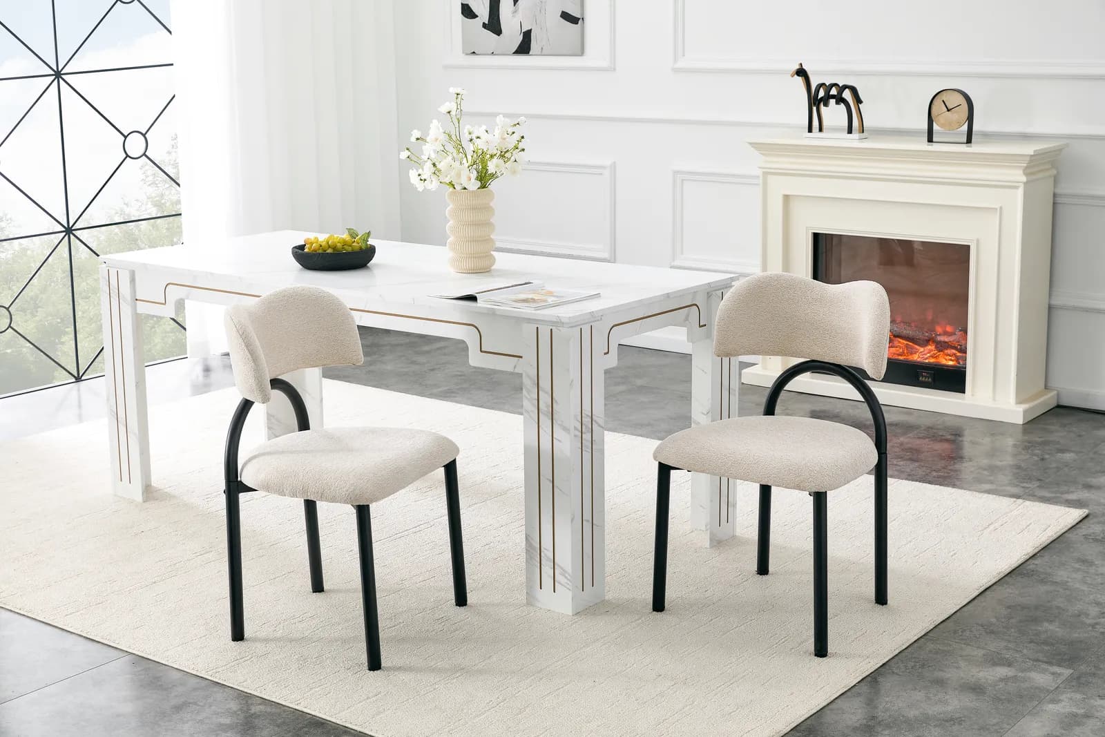 Off-white Breathable Fabric Dining Chairs with Black Metal Frame – Modern Minimalist Home…