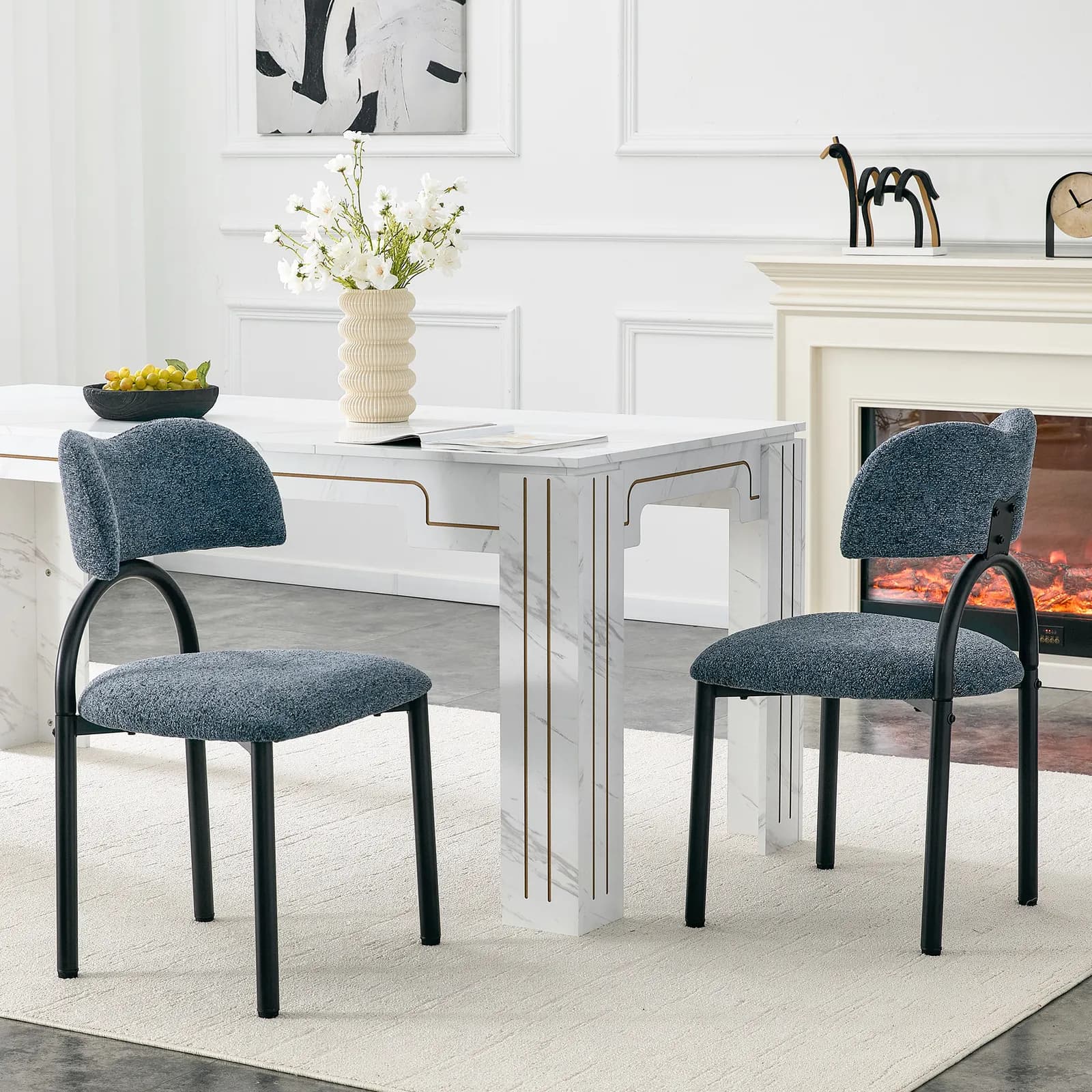 Blue Gray Breathable Fabric Dining Chairs with Black Metal Frame – Modern Minimalist Home…