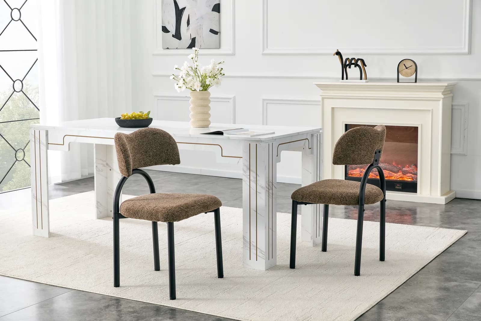 Brown Breathable Fabric Dining Chairs with Black Metal Frame – Modern Minimalist Home…