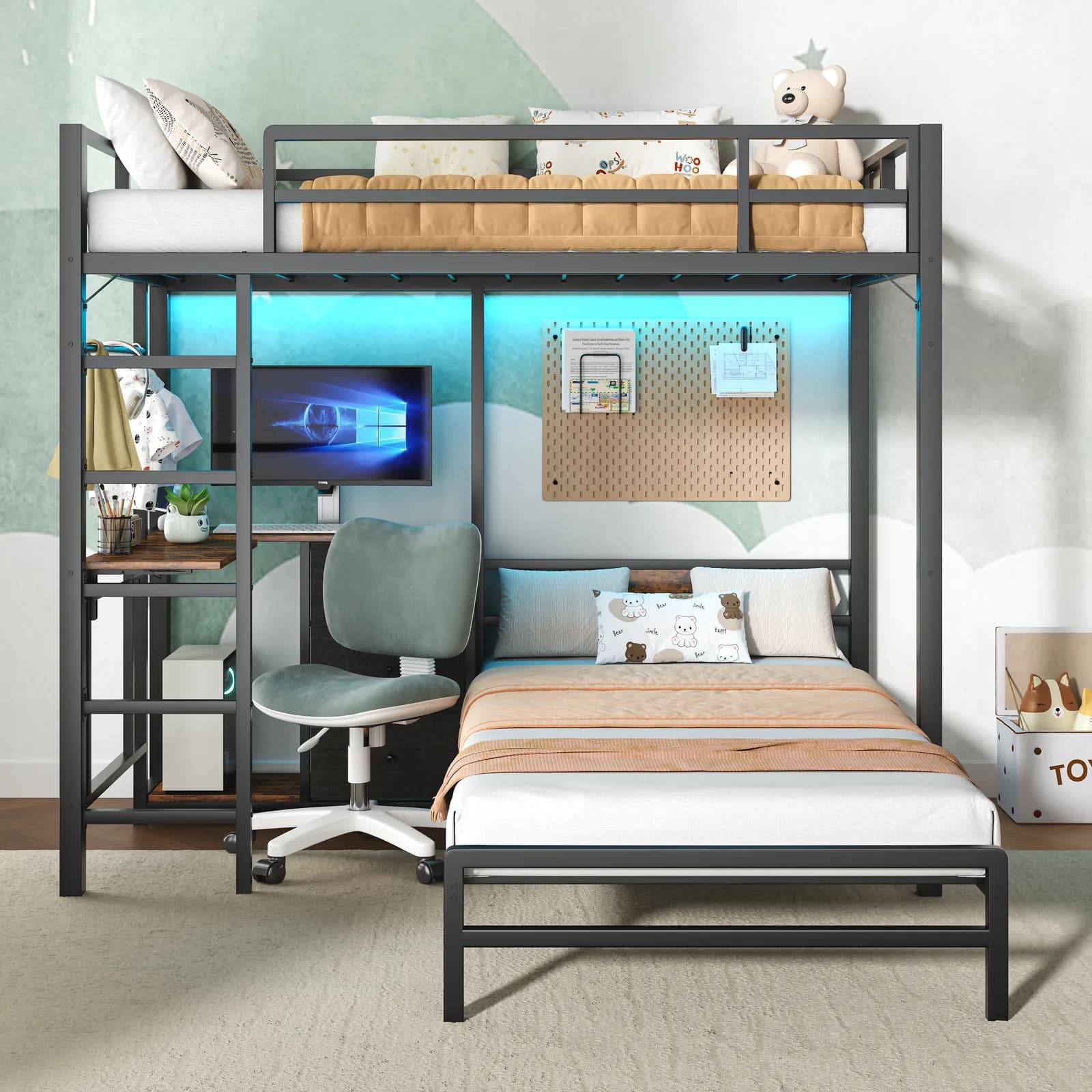 Bunk Bed with Folding Table, 3 storage drawers, made of metal, suitable for a single bed,…