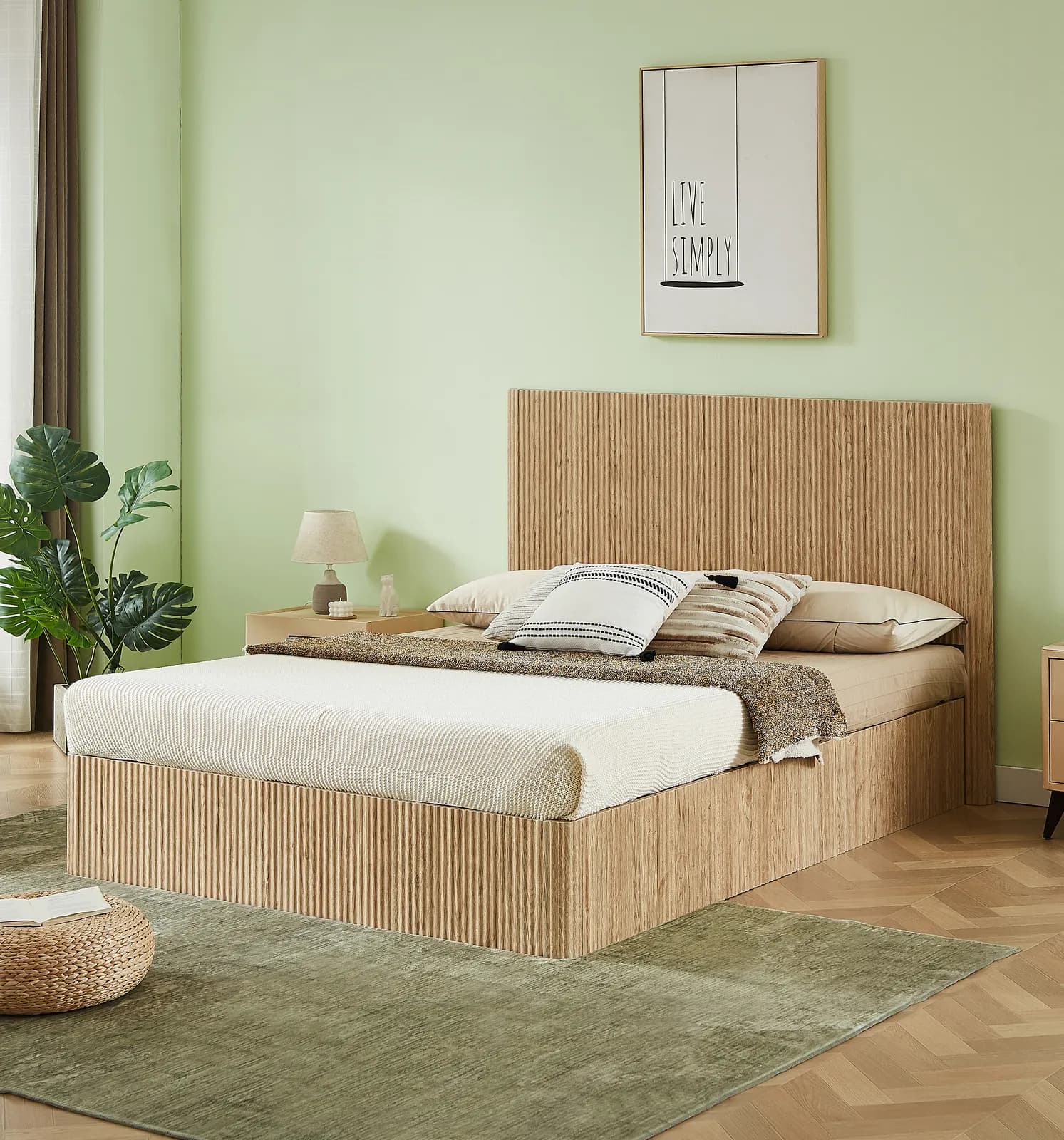 Queen Size Lift Up Storage Bed Frame, Wooden corrugated curved lines, Hydraulic…