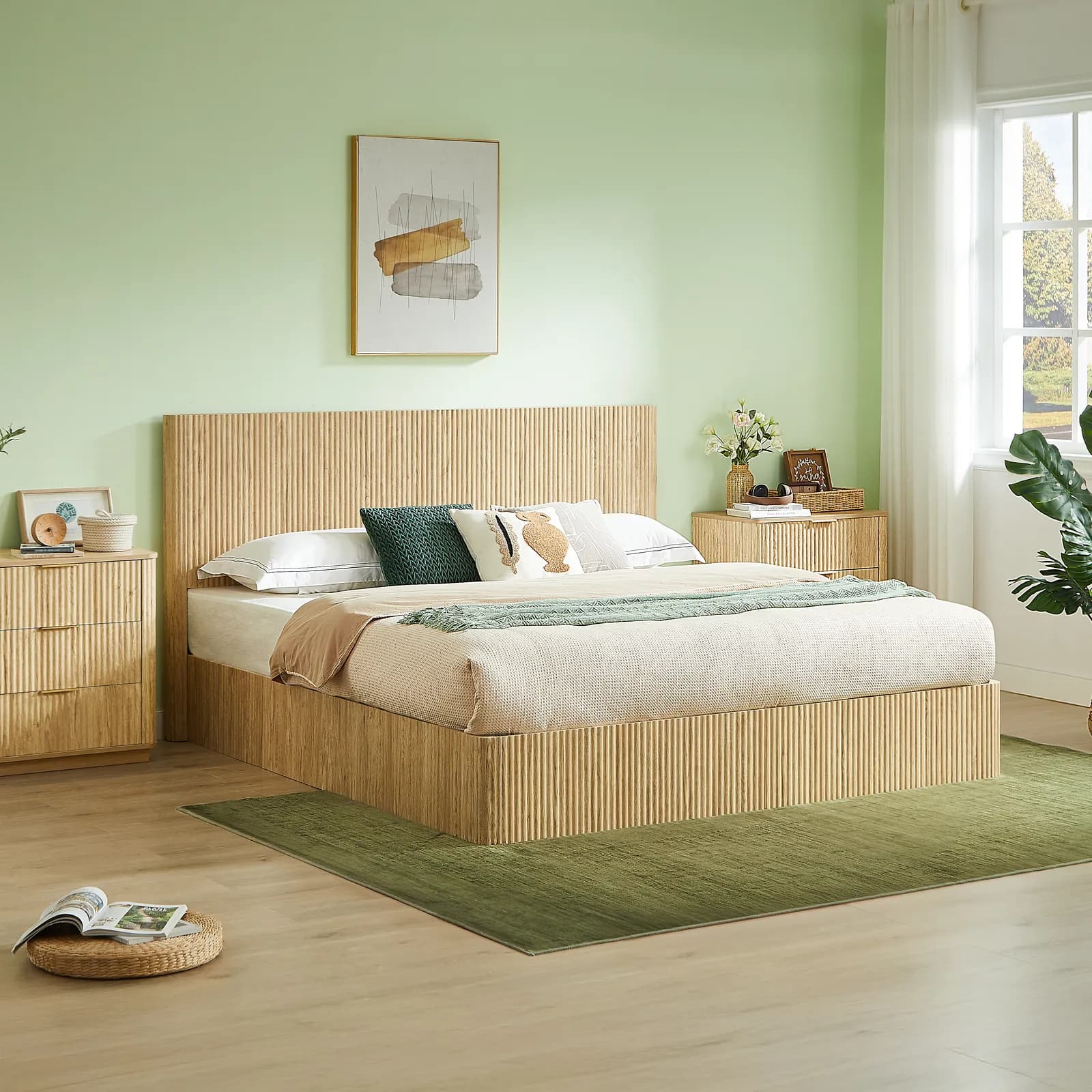 King Size Lift Up Storage Bed Frame, Wooden corrugated curved lines, Hydraulic Storage/No…